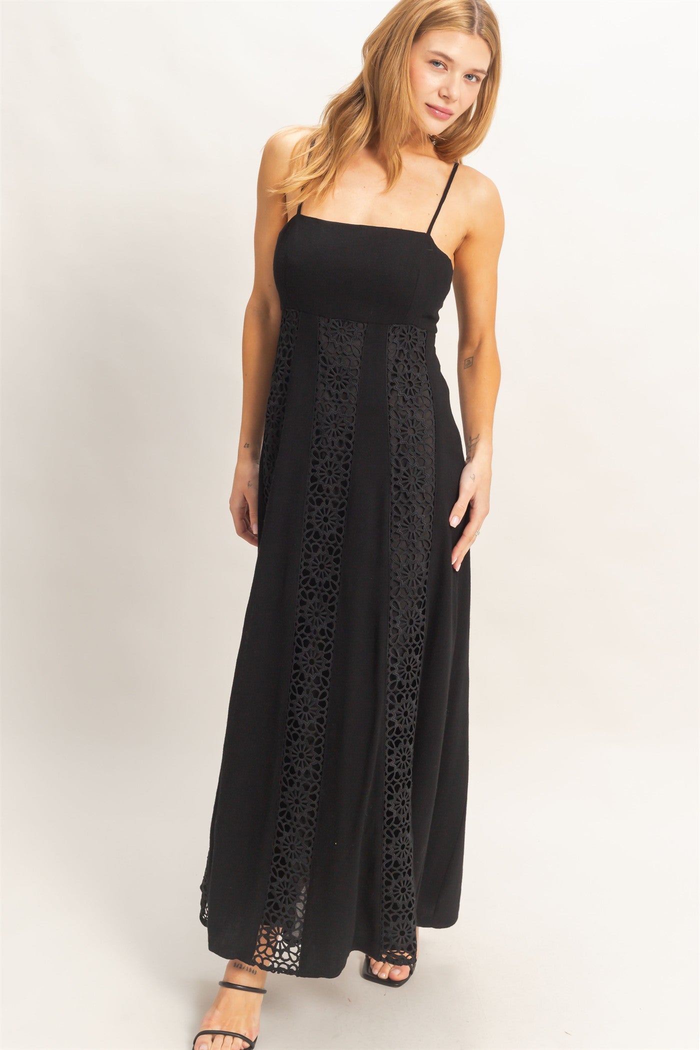 Wholesale Woven Lace Trim Maxi Dress Dresses HF26A498 BLACK HYFVE