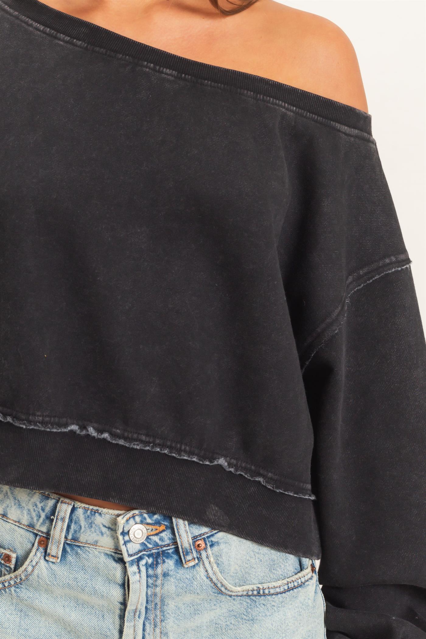 Wholesale Raw Edge Acid Wash Off The Shoulder Sweatshirt Sweatshirts DZ26F013 BLACK DOUBLE ZERO
