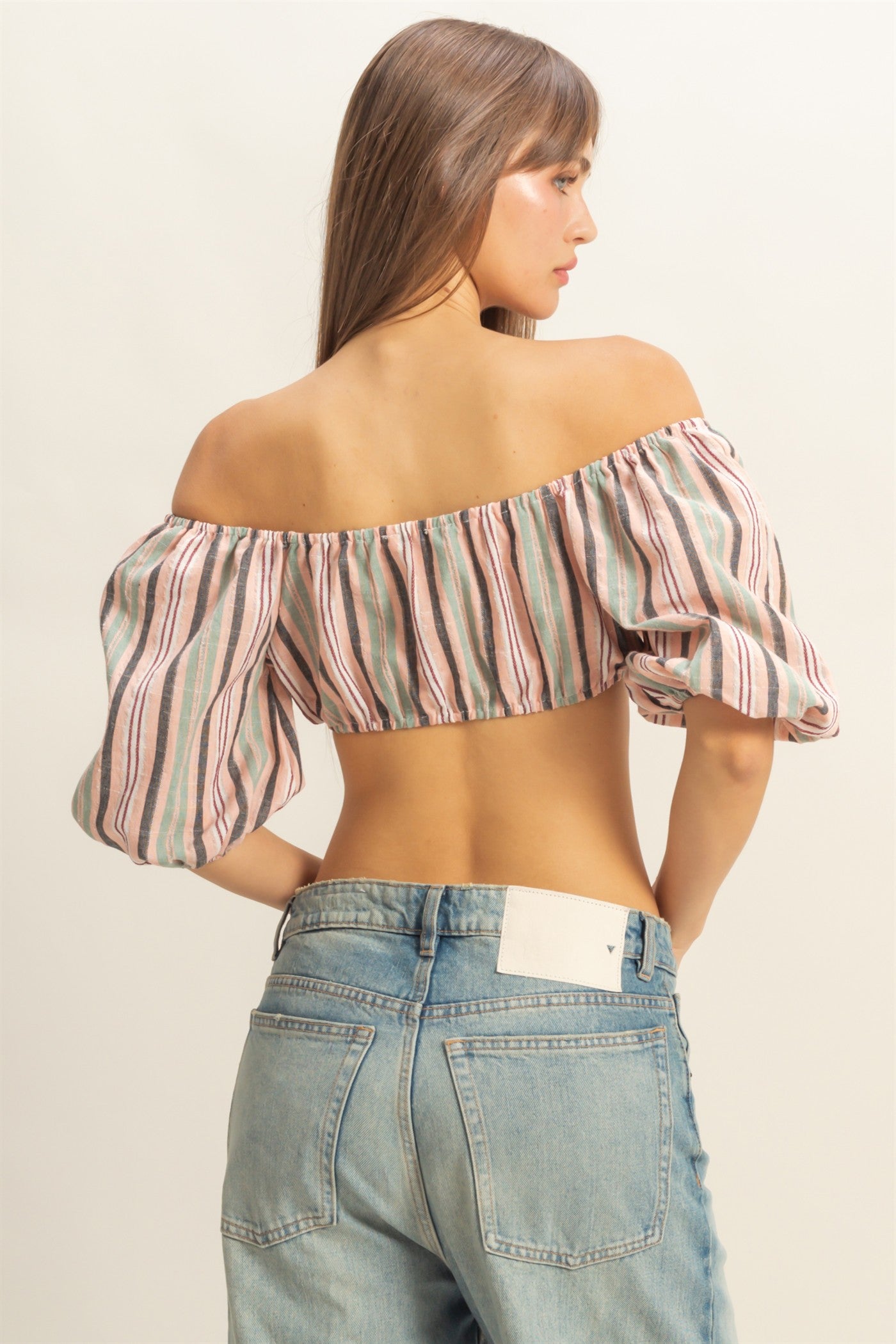 Wholesale Striped Off-Shoulder Crop Top Clothing Tops HF22C614 PINK HYFVE