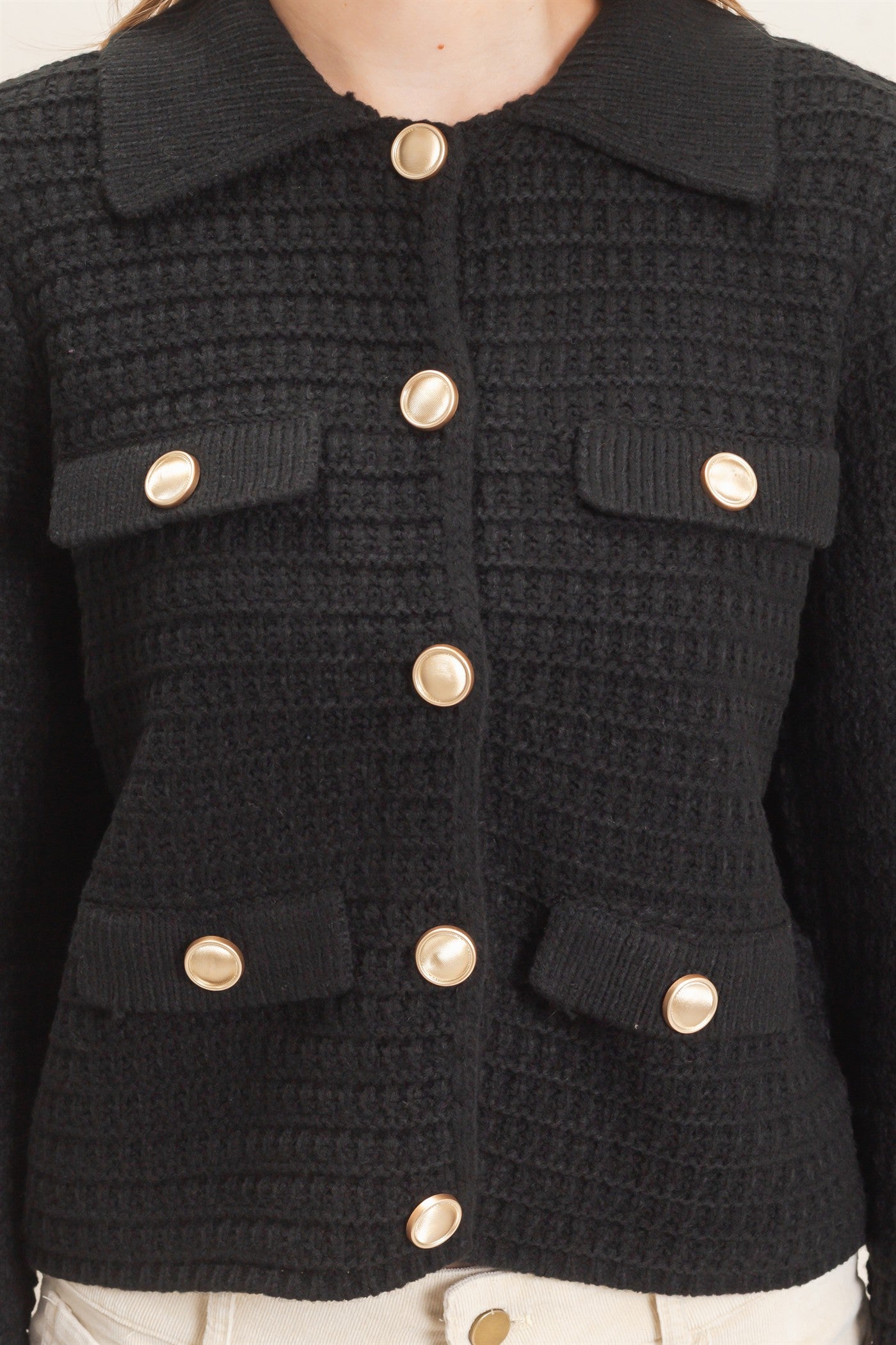 Wholesale Textured Collared Sweater Jacket Cardigans HF26F190 BLACK HYFVE