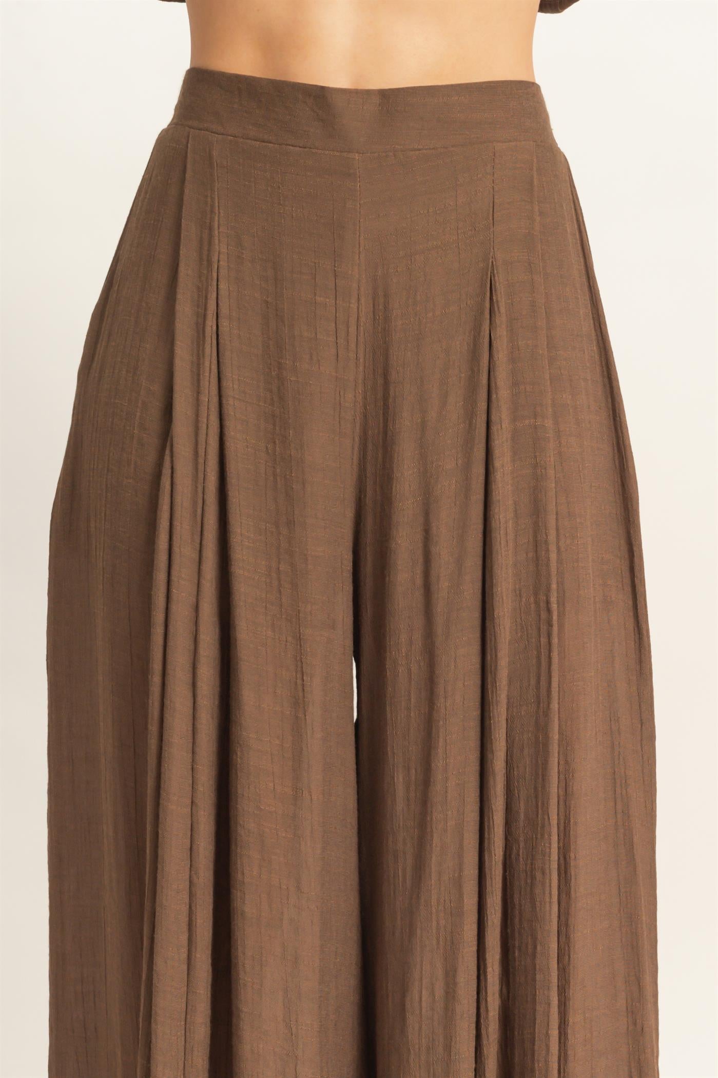 Wholesale Off Shoulder Top & Pleated Pant Set Clothing HF26C291-SET-D CHOCOLATE HYFVE