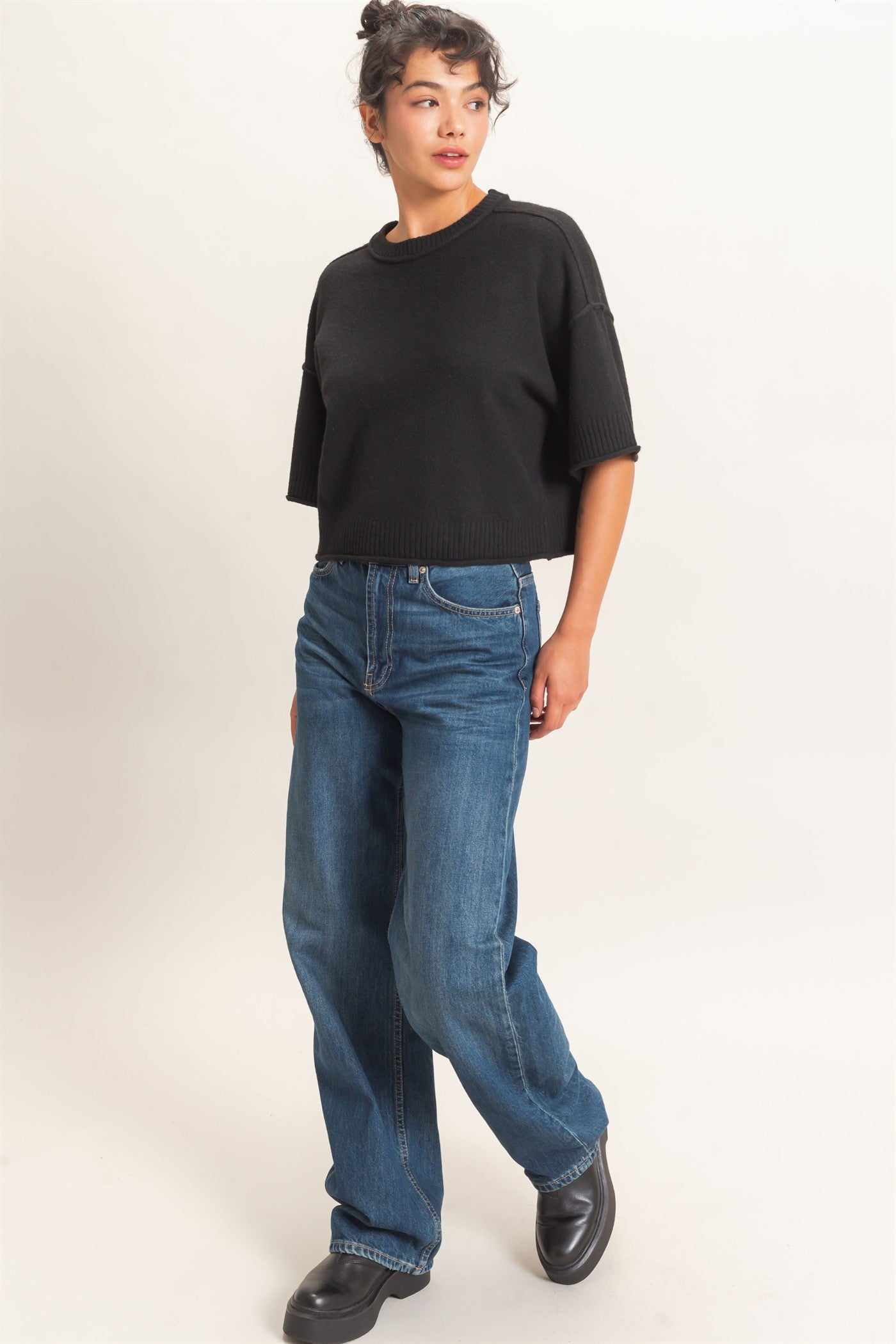Wholesale Seam Detail Short Sleeve Knit Top Clothing Tops DZ26A827 BLACK DOUBLE ZERO