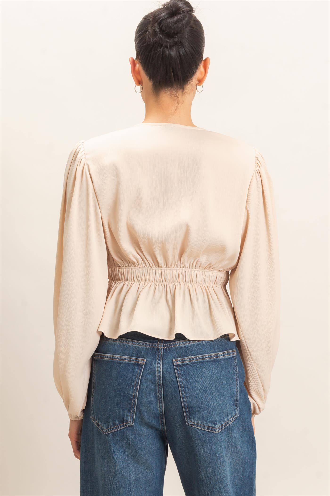 Wholesale Plunging Tie-Front Blouse Blouses HF26F082 CHAMPAGNE HYFVE