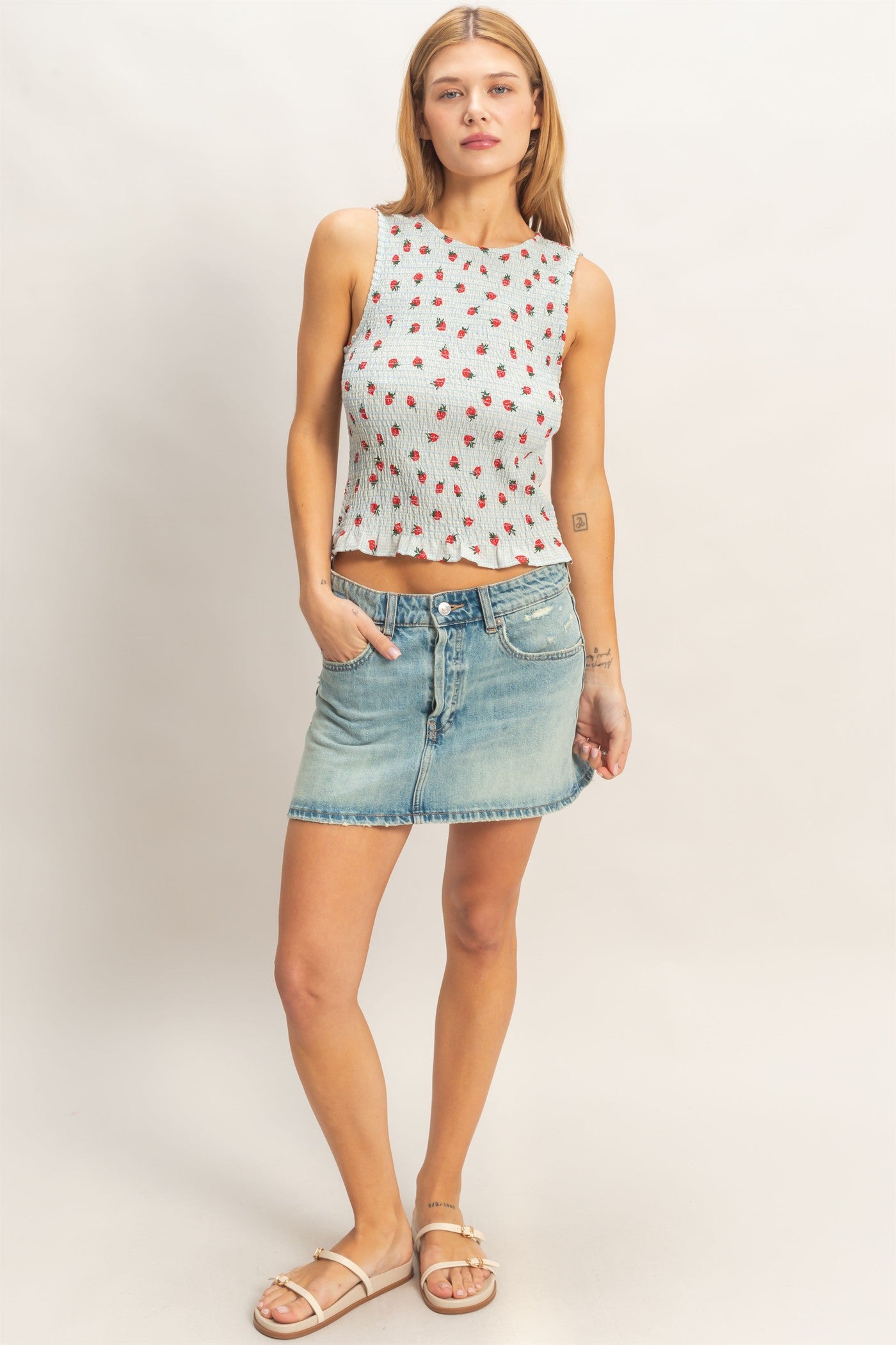 Wholesale Strawberry Print Gingham Smocked Sleeveless Top Clothing Tops HF26E707 BLUE HYFVE