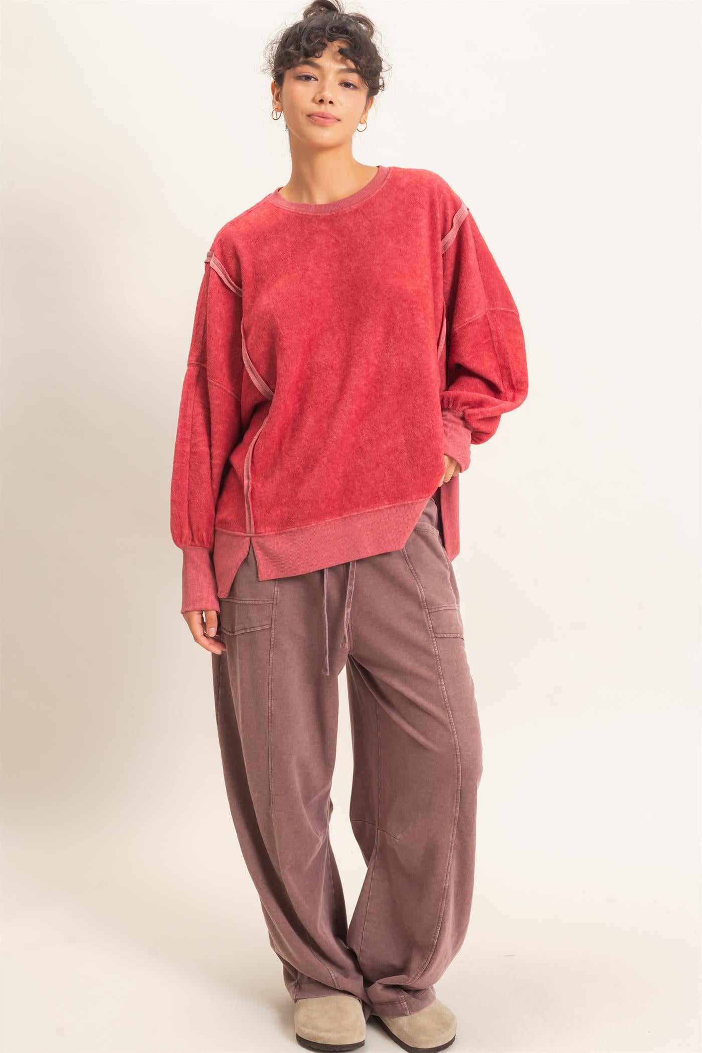 Wholesale Oversized Raw Edge Crew Neck Sweatshirt Sweatshirts DZ26E273 DARK RED DOUBLE ZERO