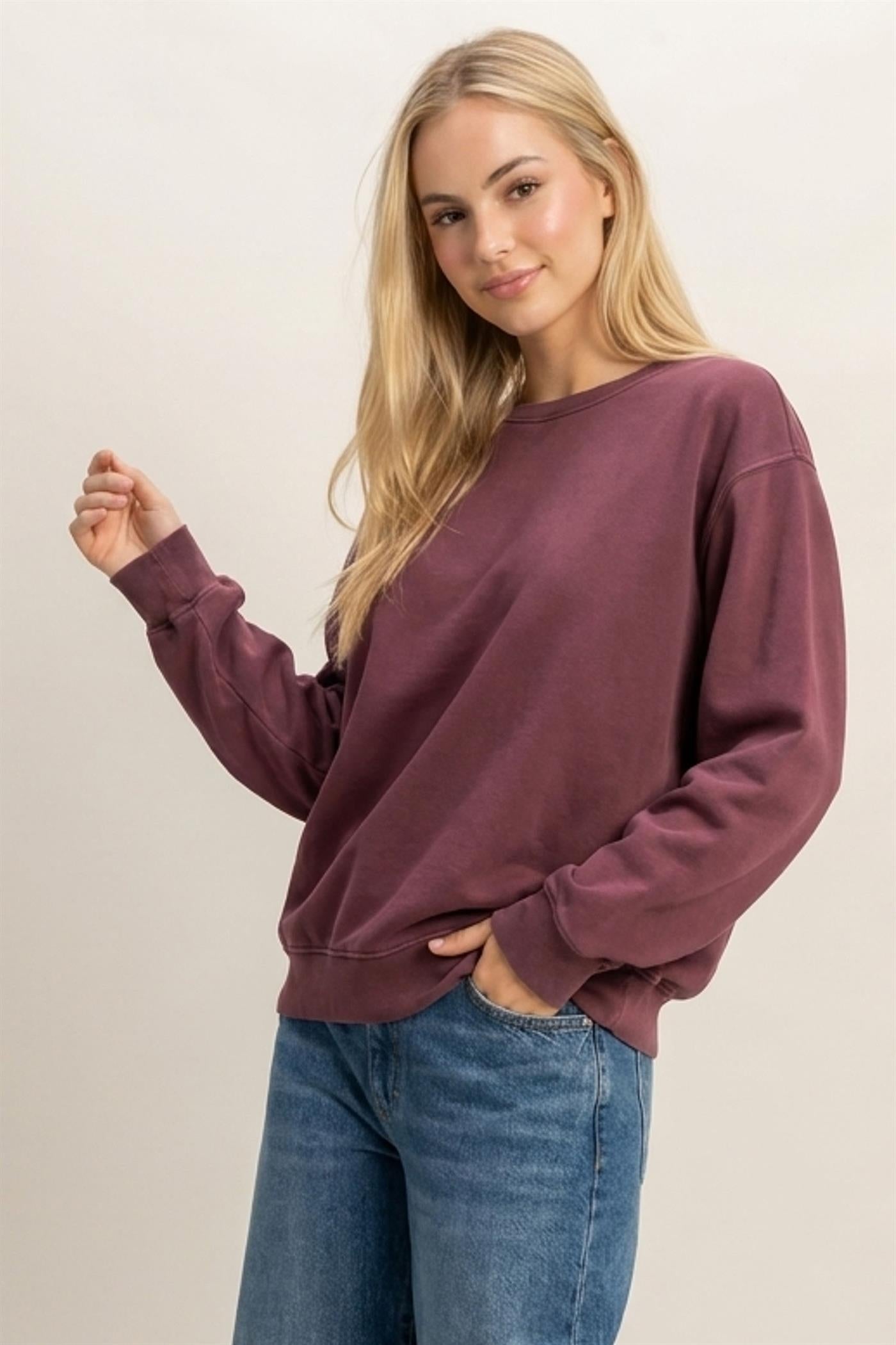 Wholesale Mineral Wash Crew Neck Sweatshirt Sweatshirts DZ26E990 DARK CHERRY DOUBLE ZERO