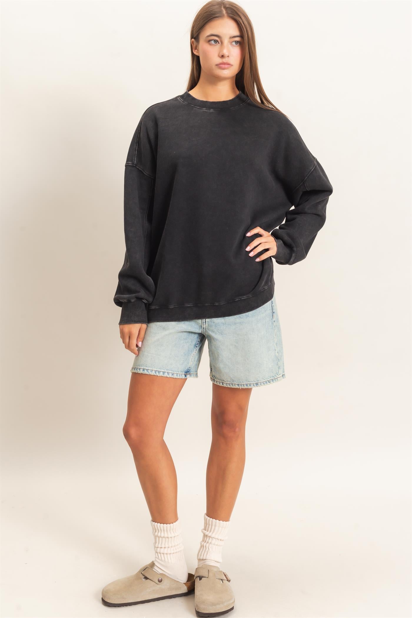 Wholesale Acid Wash Crew Neck Long Sleeve Sweatshirt Sweatshirts DZ26E268 BLACK DOUBLE ZERO