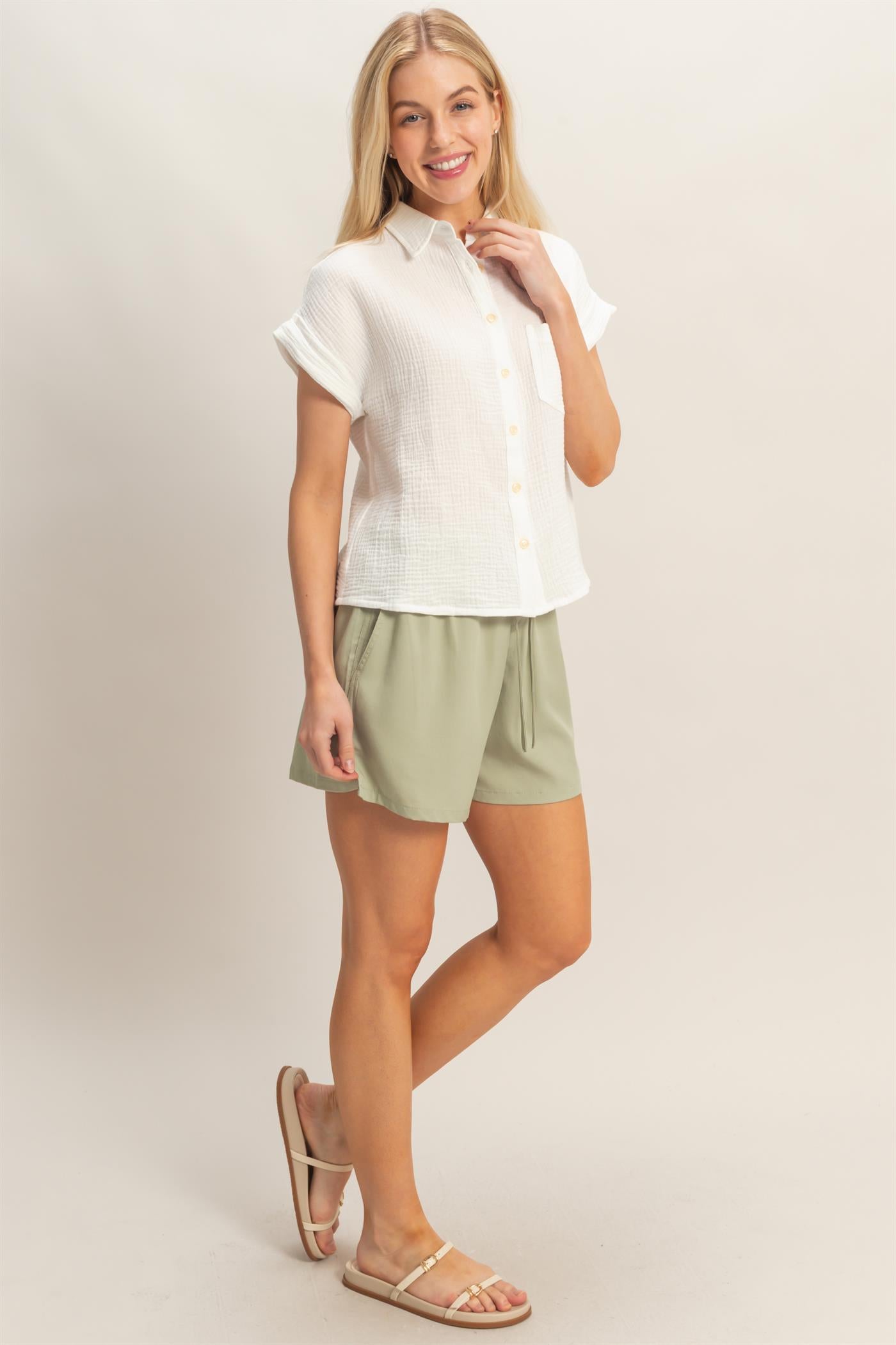 Wholesale Rolled Sleeve Button-Up Top Clothing Tops HF26E526 OFF WHITE HYFVE