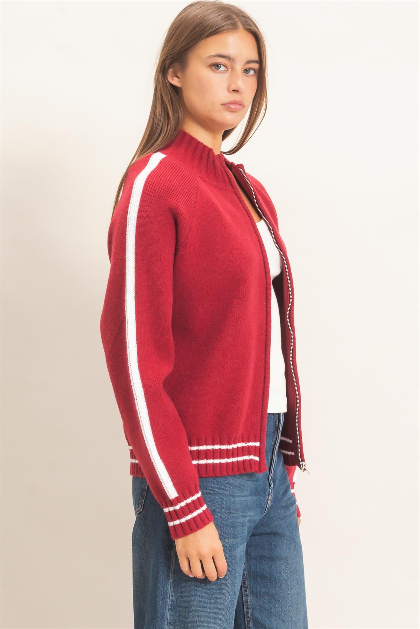 Wholesale Contrast Stripe Zip-Up Sweater Sweaters DZ26E861 DARK RED DOUBLE ZERO