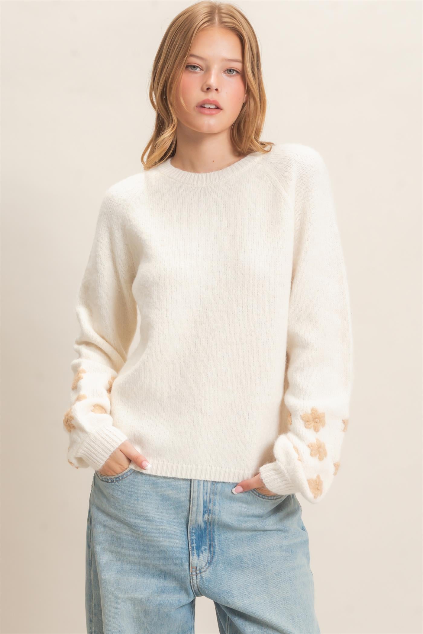 Wholesale Floral Applique Raglan Sleeve Sweater Sweaters HF26E808 CREAM HYFVE