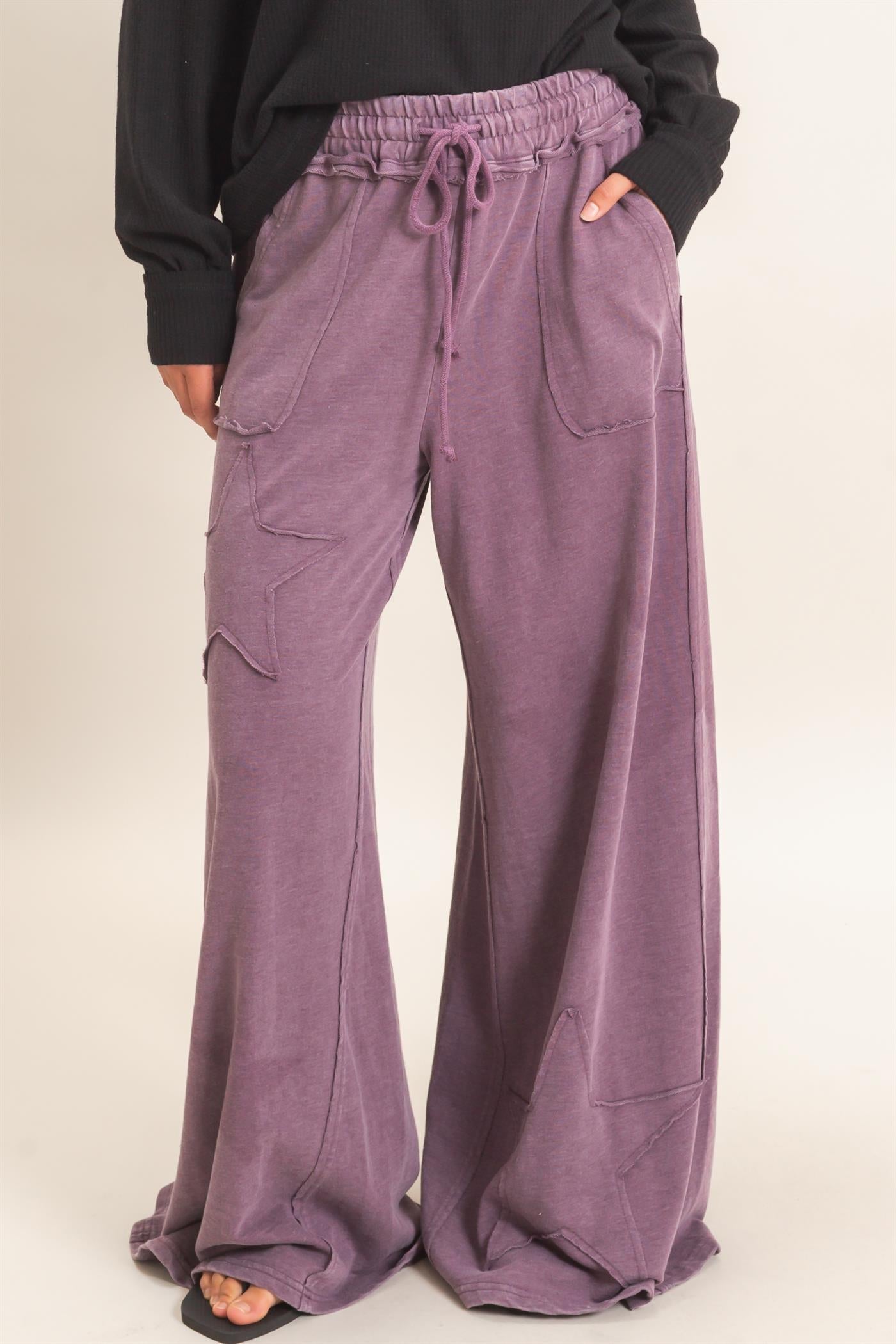 Wholesale Mineral Wash Star Patch And Print Wide Leg Pants Pants DZ26F060 DARK CHERRY DOUBLE ZERO