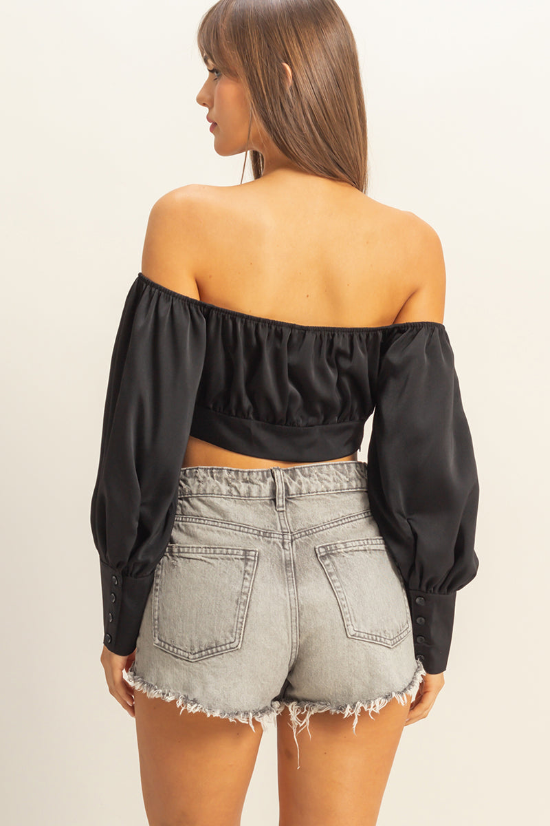 Wholesale Off The Shoulder Satin Crop Top Clothing Tops FS22E582 BLACK HYFVE