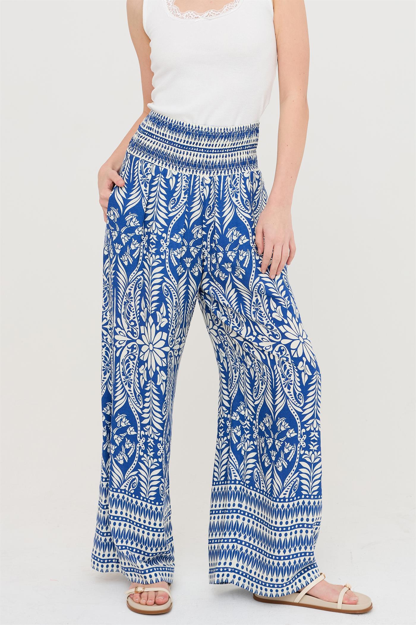 Wholesale Smocked Waist Floral Pants Pants HF26C161-D BLUE HYFVE