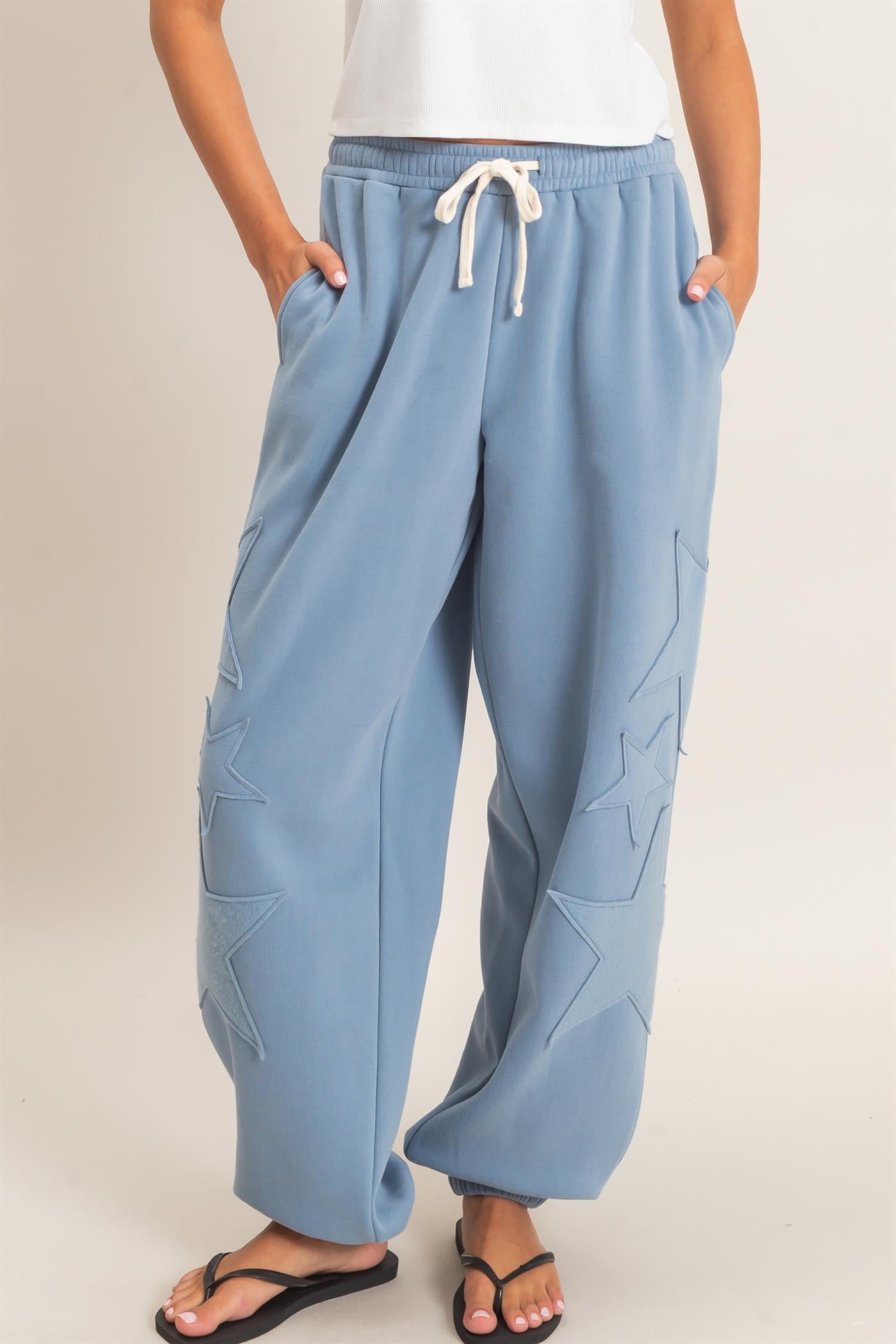 Wholesale Star Patch Jogger Pants Joggers DZ26E889 DUSTY BLUE DOUBLE ZERO