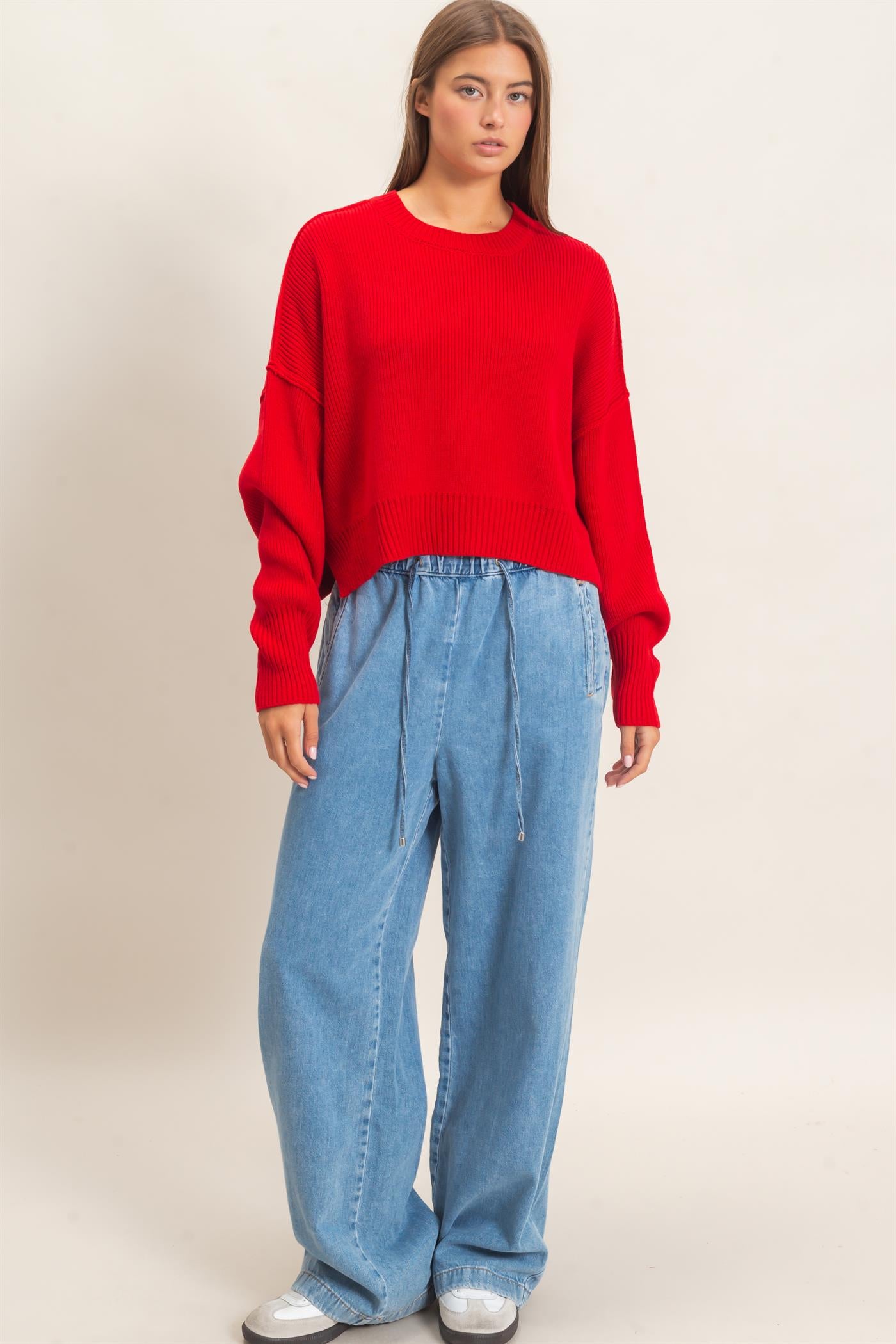Wholesale Ribbed Drop Shoulder Sweater Sweaters DZ26C982 RED DOUBLE ZERO