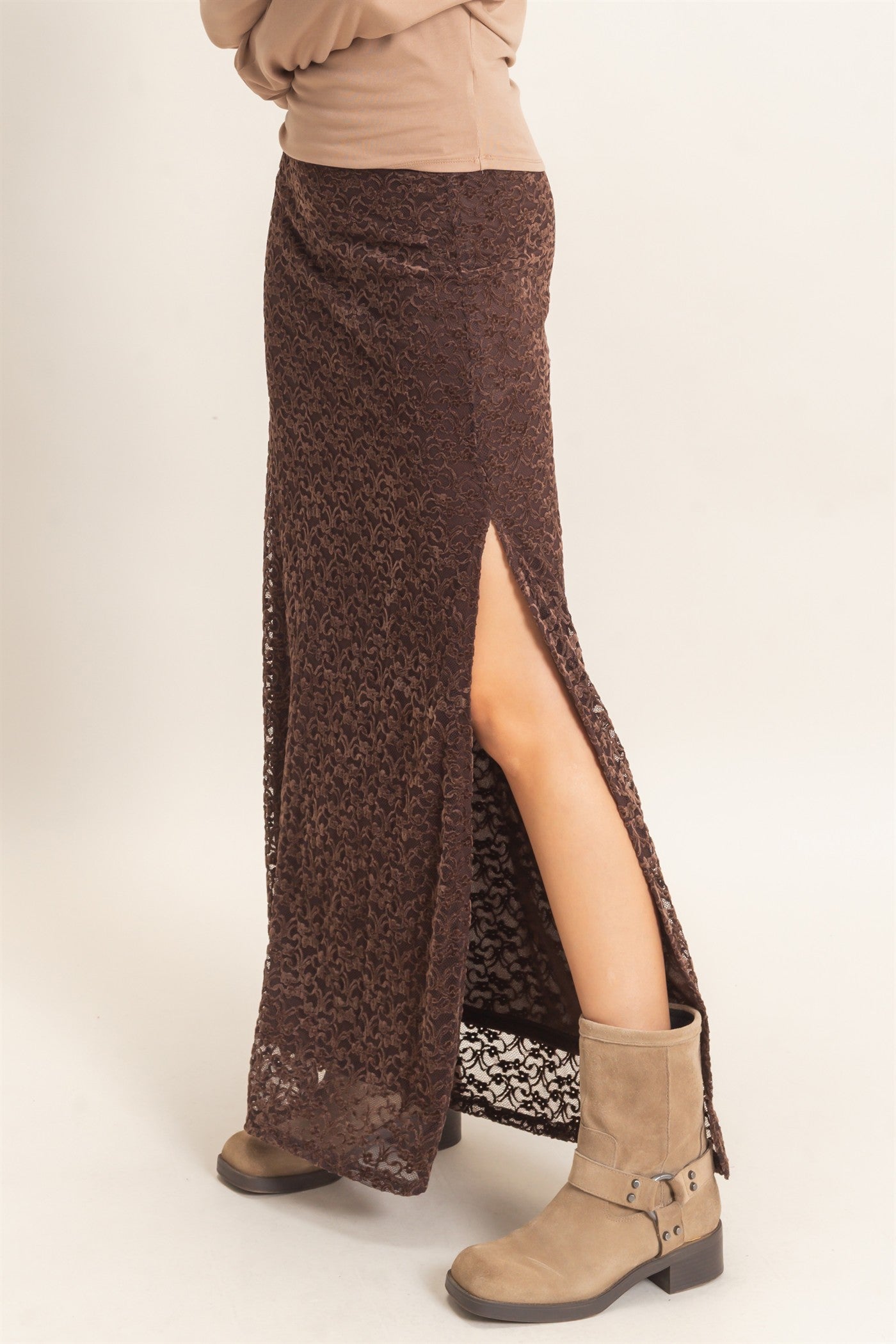 Wholesale Velvet Lace Maxi Skirt Skirts HF26E702 CHOCOLATE HYFVE