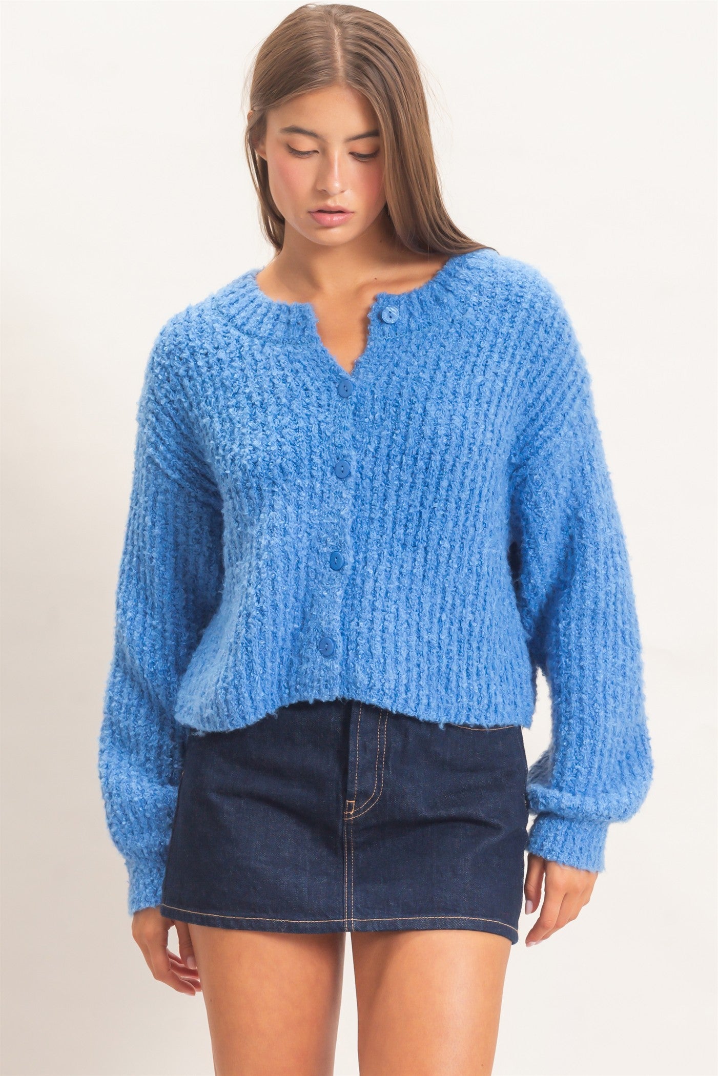 Wholesale Boucle Knit Button Front Cardigan Cardigans DZ26E270 BLUE DOUBLE ZERO
