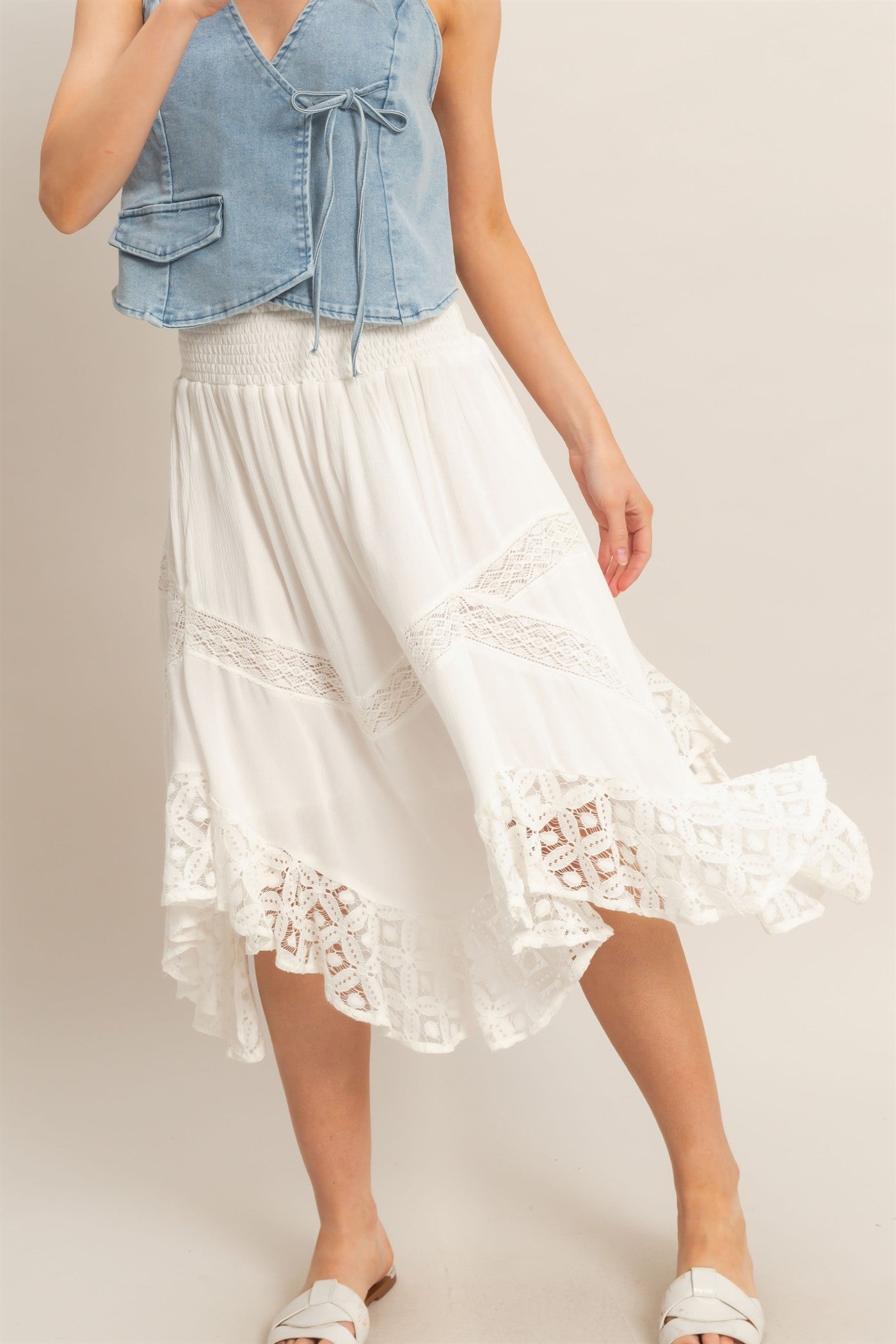 Wholesale Smocked Waist Lace Hem Skirt Skirts HF26A384 OFF WHITE HYFVE