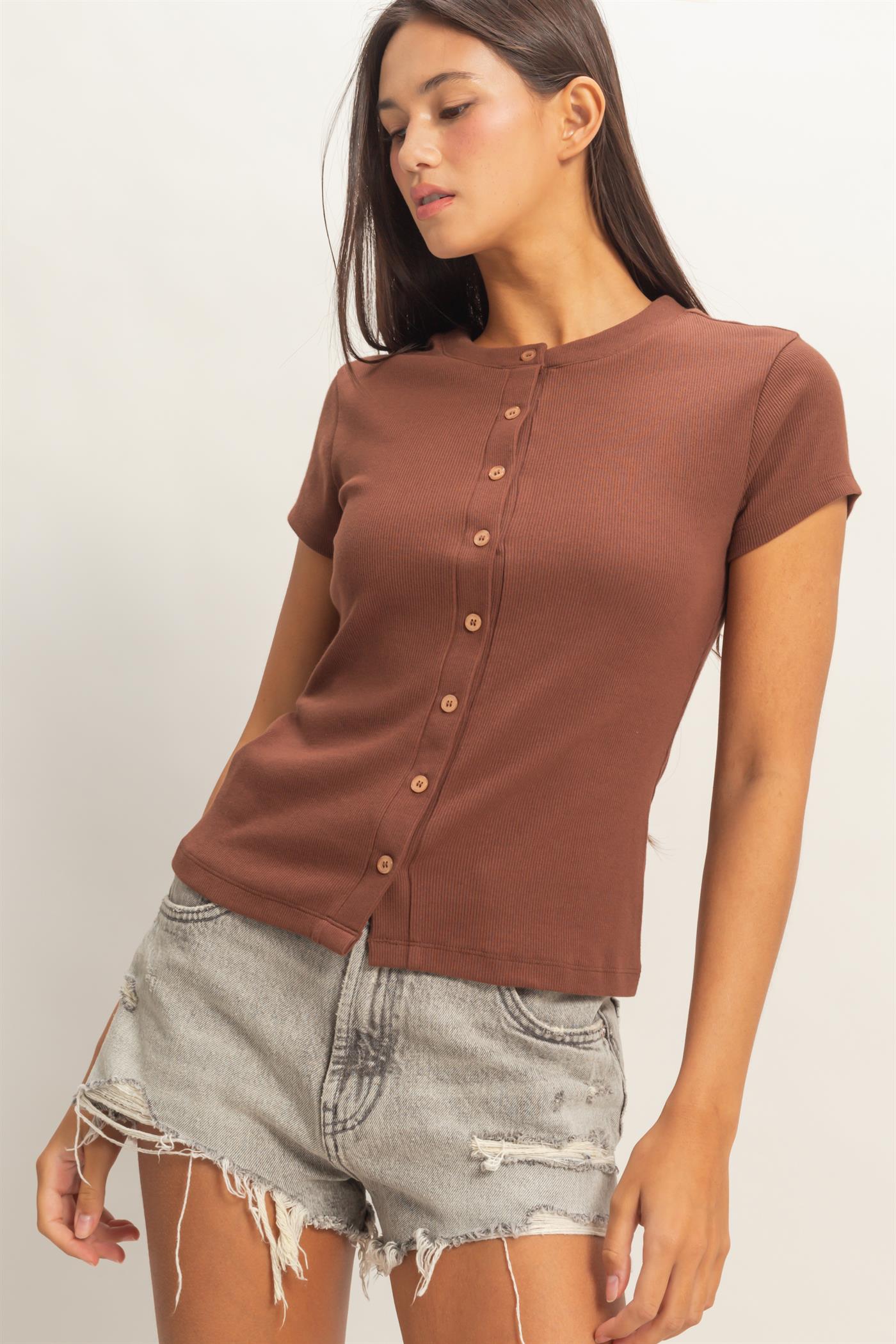 Wholesale Ribbed Button-Front Crew Neck Top Clothing Tops DZ26A727 CHOCOLATE DOUBLE ZERO