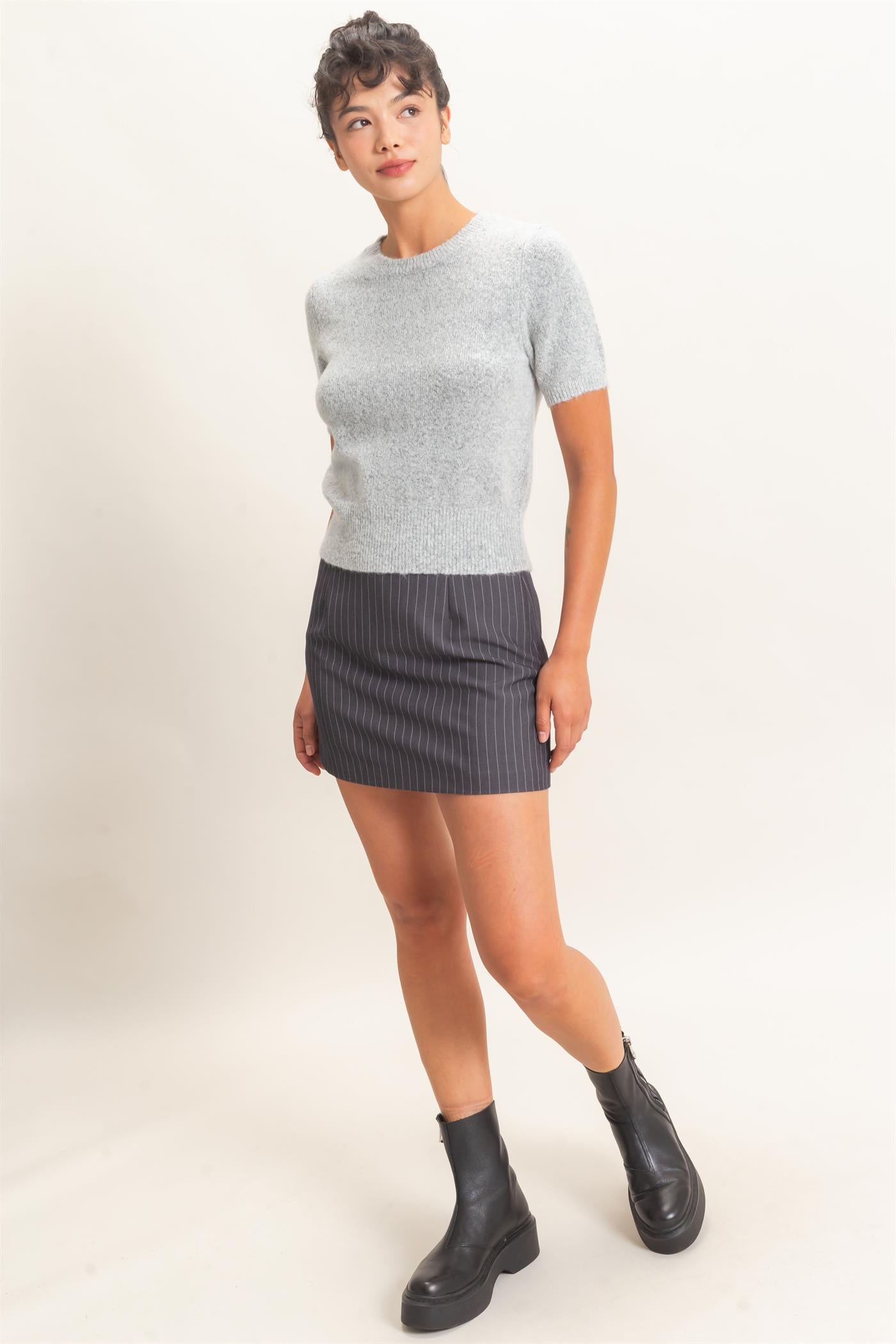 Wholesale Crew Neck Short Sleeve Knit Top Clothing Tops DZ26E944 HEATHER GRAY DOUBLE ZERO
