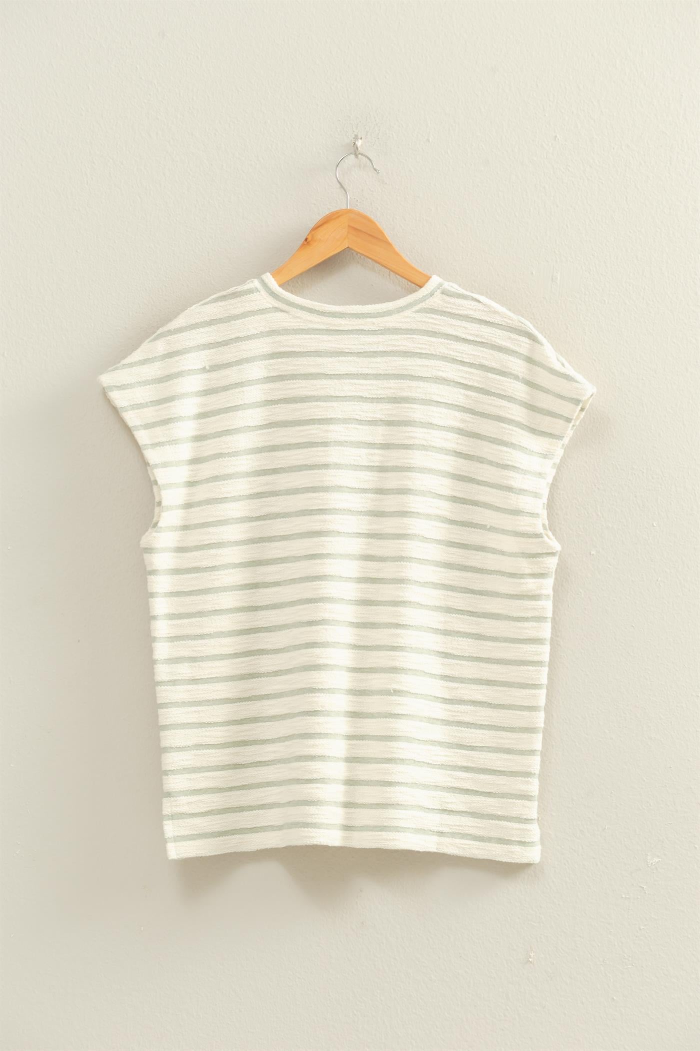 Wholesale Striped Round Neck Short Sleeve Top Clothing Tops DZ26A754 SAGE GREEN DOUBLE ZERO