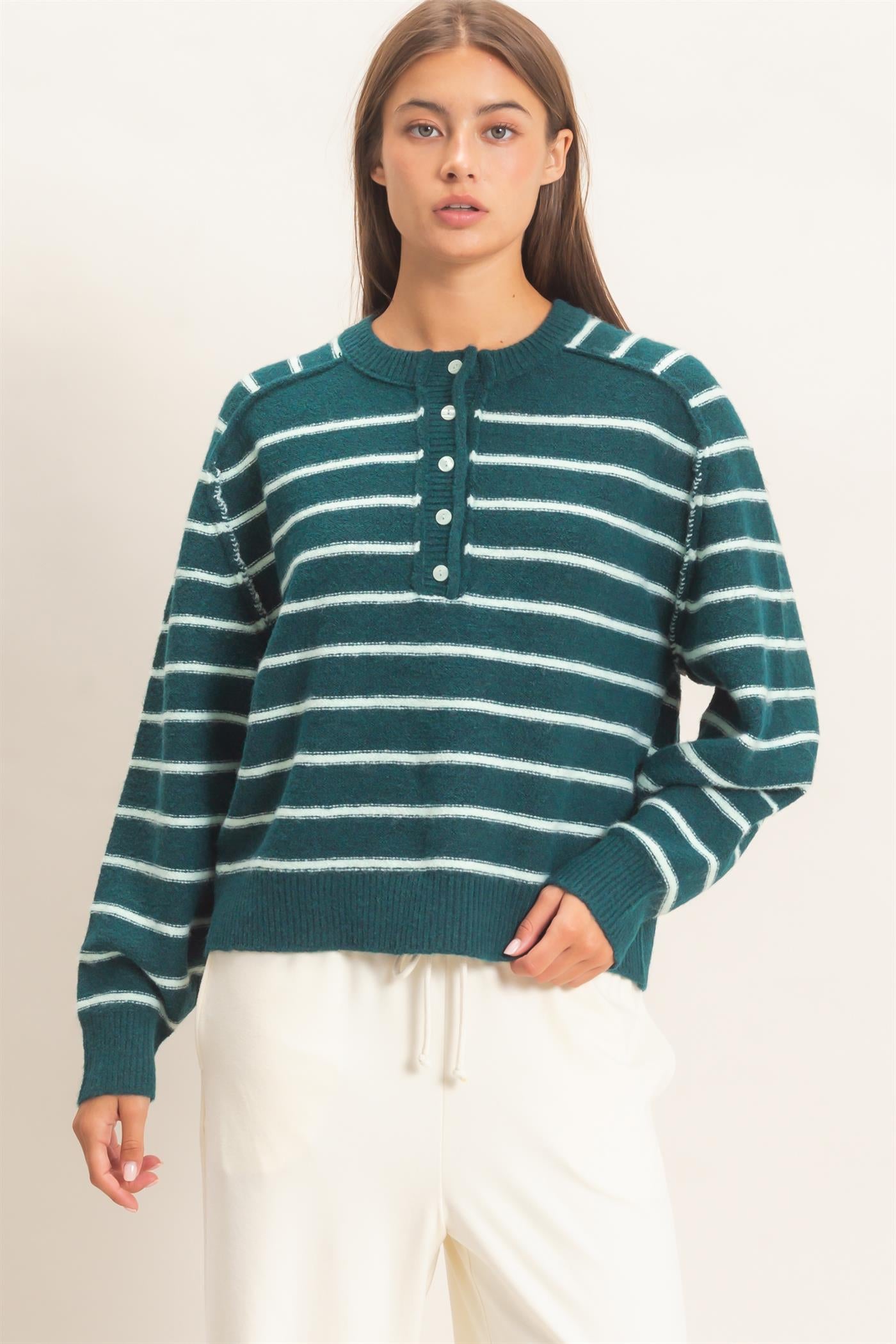 Wholesale Stripe Henley Sweater Sweaters DZ26F002 DARK GREEN DOUBLE ZERO