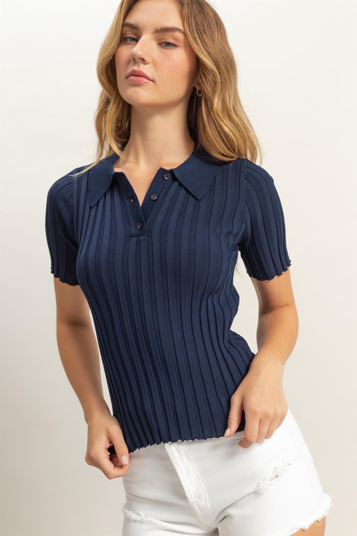 Wholesale Rib Knitted Short Sleeve Polo Top Clothing Tops DZ25C246 NAVY DOUBLE ZERO