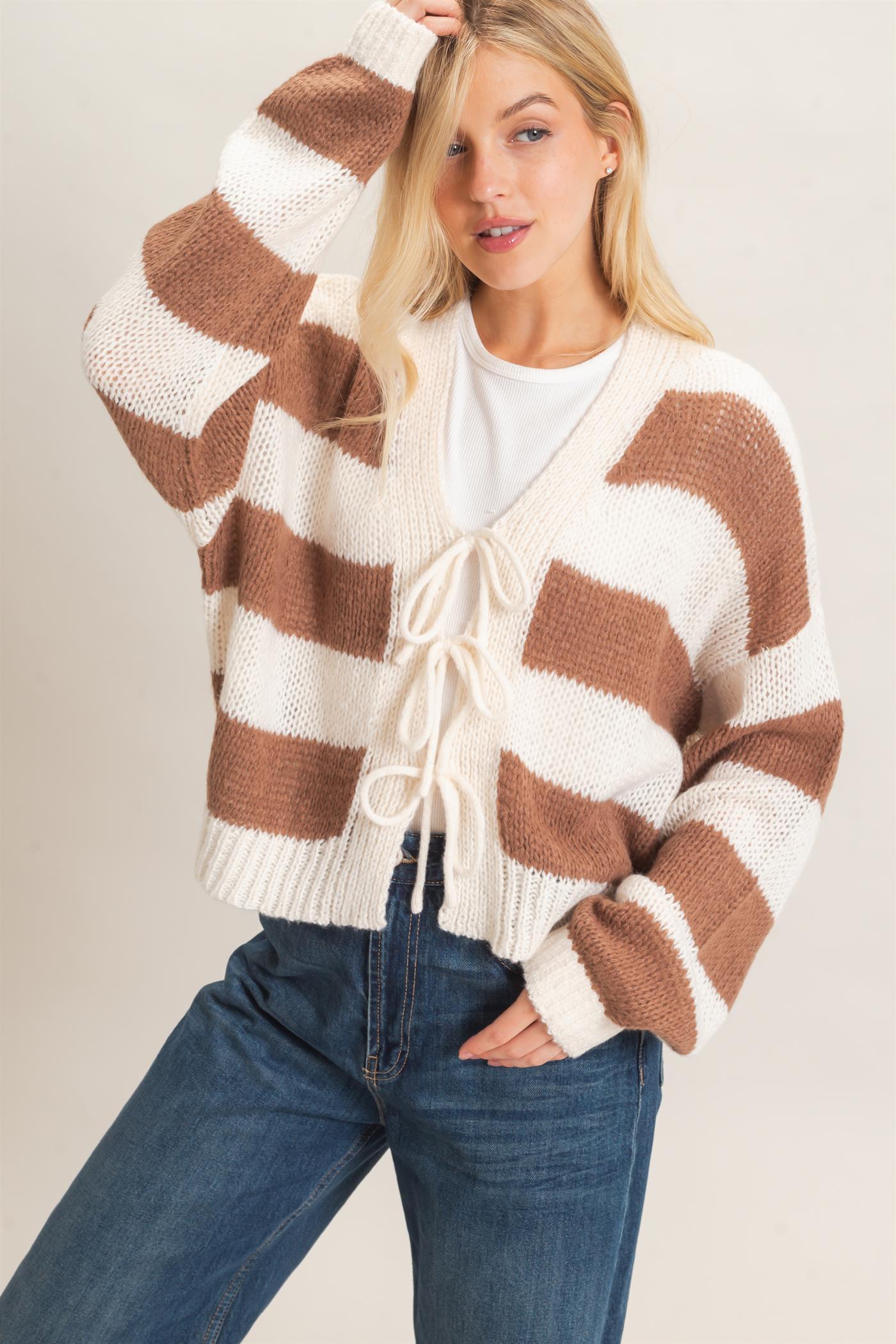 Wholesale Striped V-Neck Sweater Cardigan Cardigans HF26E959 BROWN HYFVE