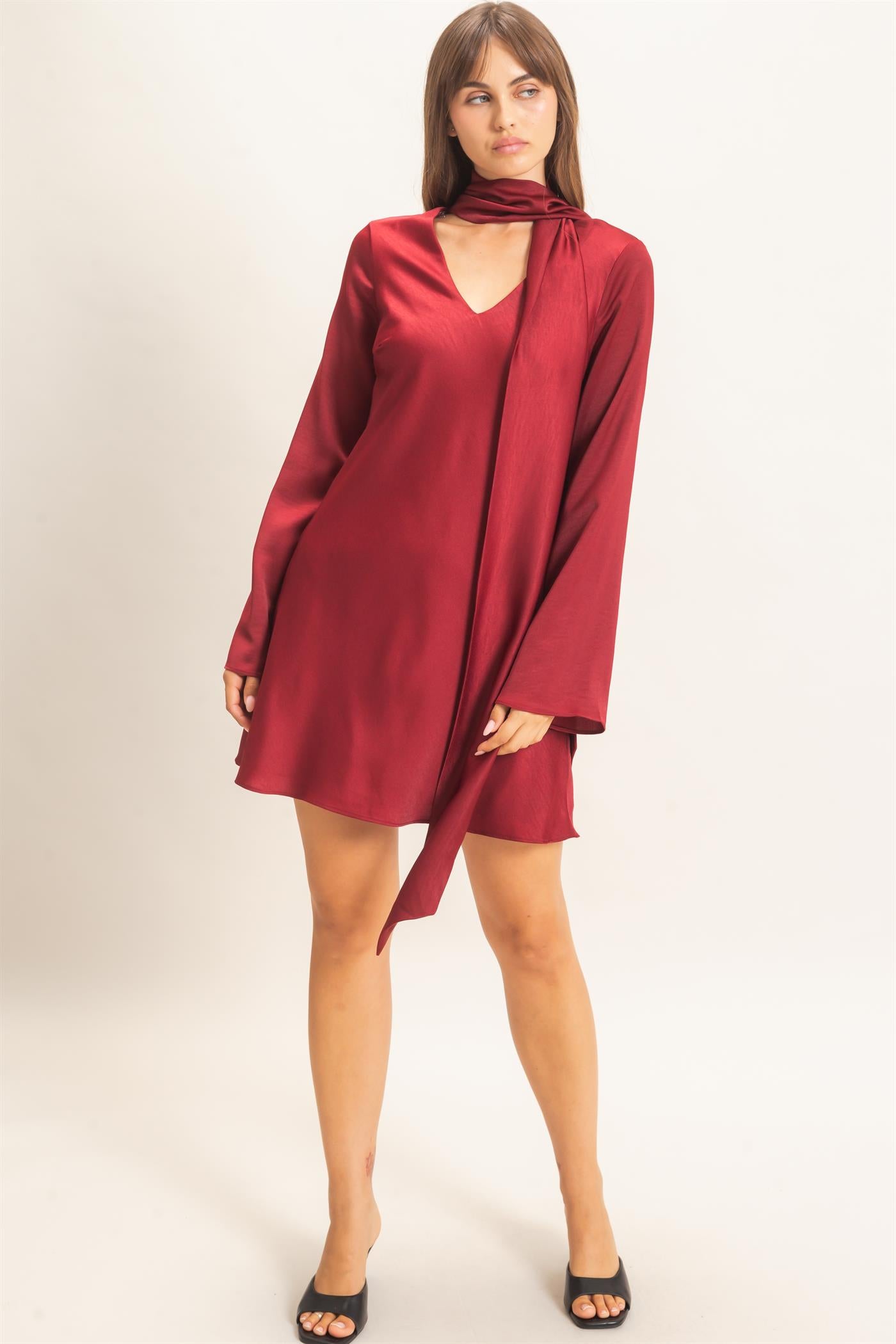 Wholesale Bias Satin Dress With Scarf Dresses HF26E928 BURGUNDY HYFVE