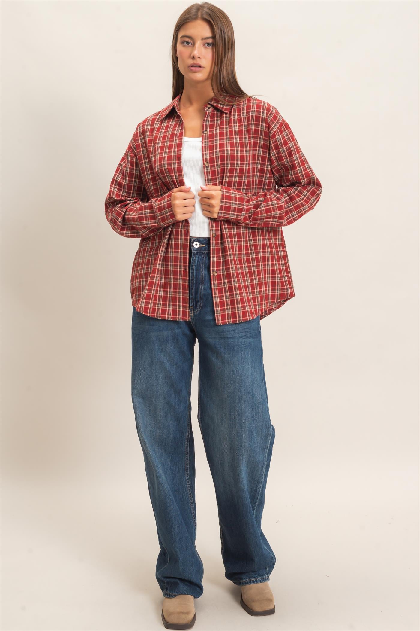 Wholesale Plaid Oversized Shirt Shirts DZ26F062 DARK RED DOUBLE ZERO