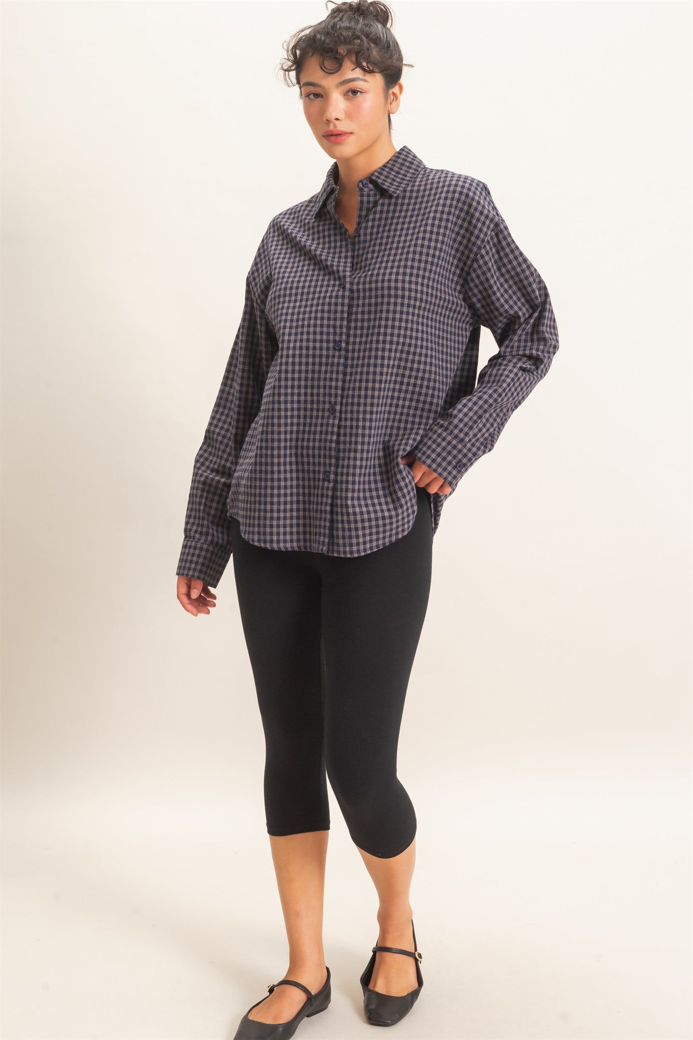 Wholesale Plaid Button-Up Shirt Shirts DZ26F012 NAVY DOUBLE ZERO