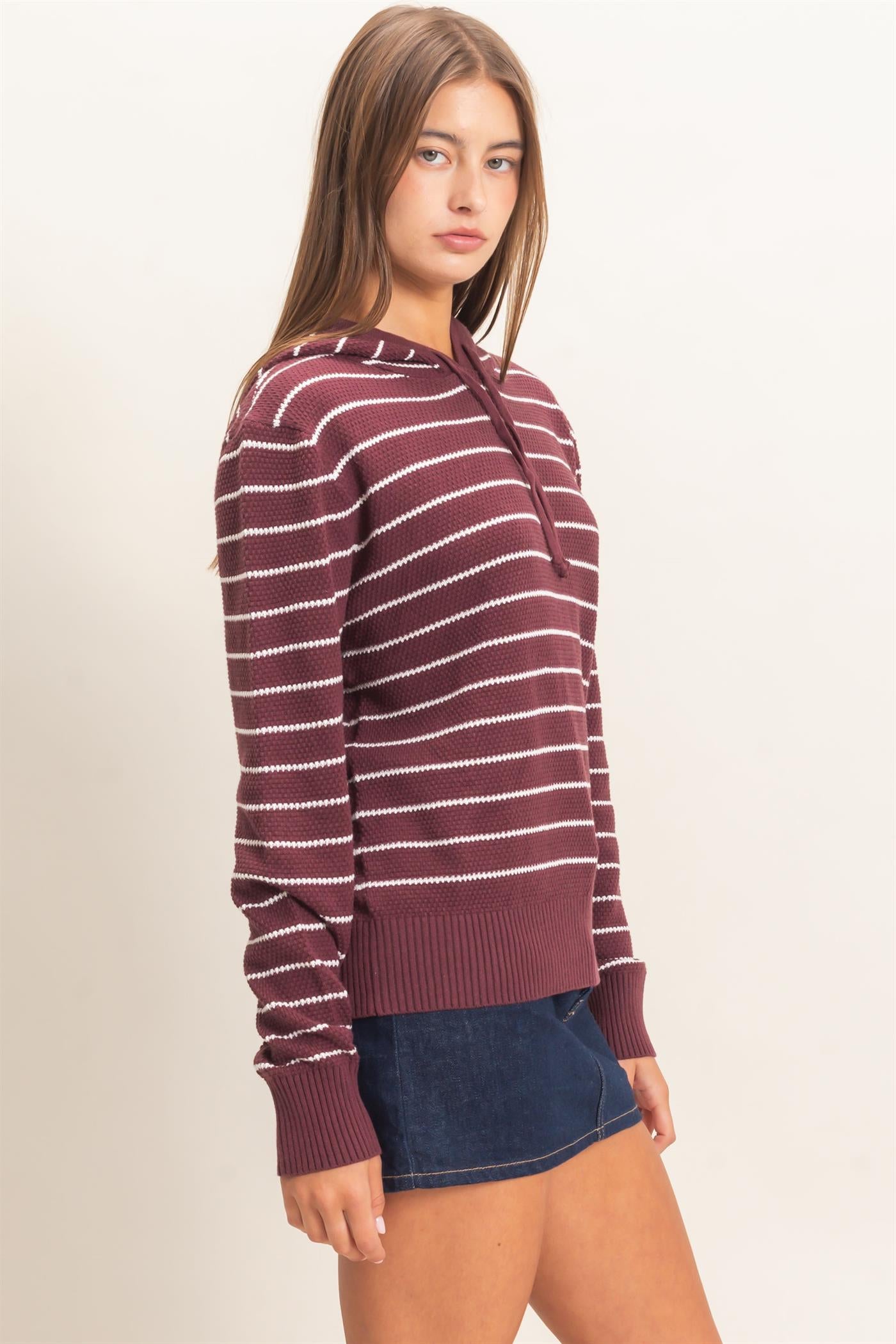 Wholesale Striped Hooded Sweater Hoodies DZ26C972 DARK CHERRY DOUBLE ZERO