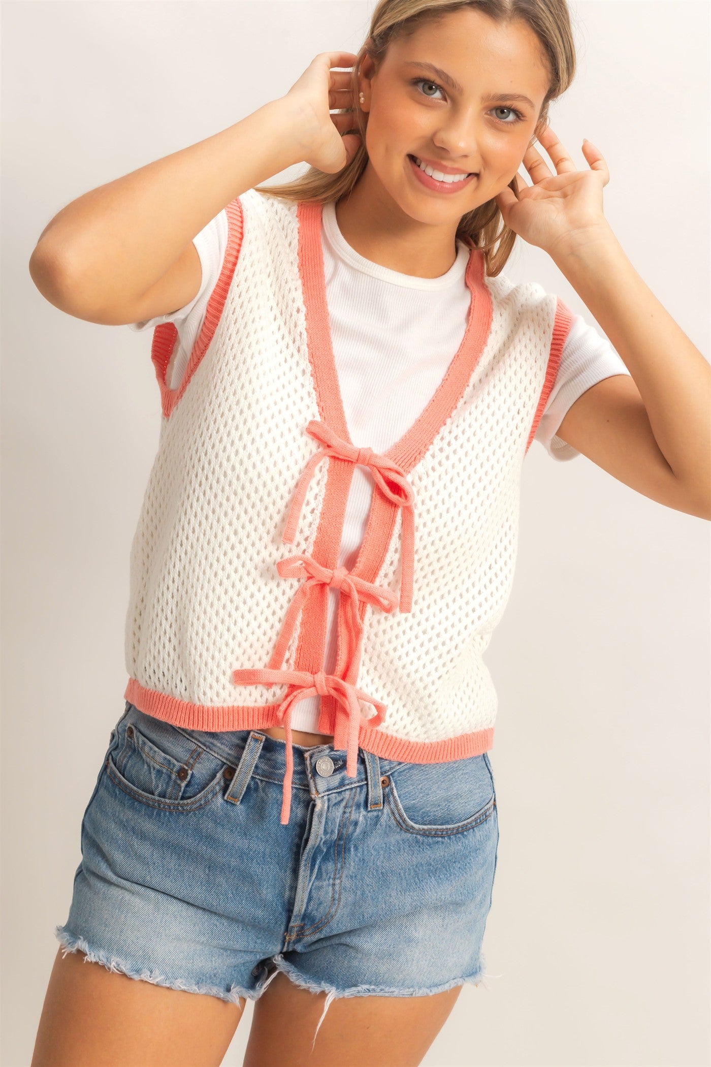 Wholesale Knit Vest With Tie Closure Sweaters HF26A238 IVORY/CORAL HYFVE