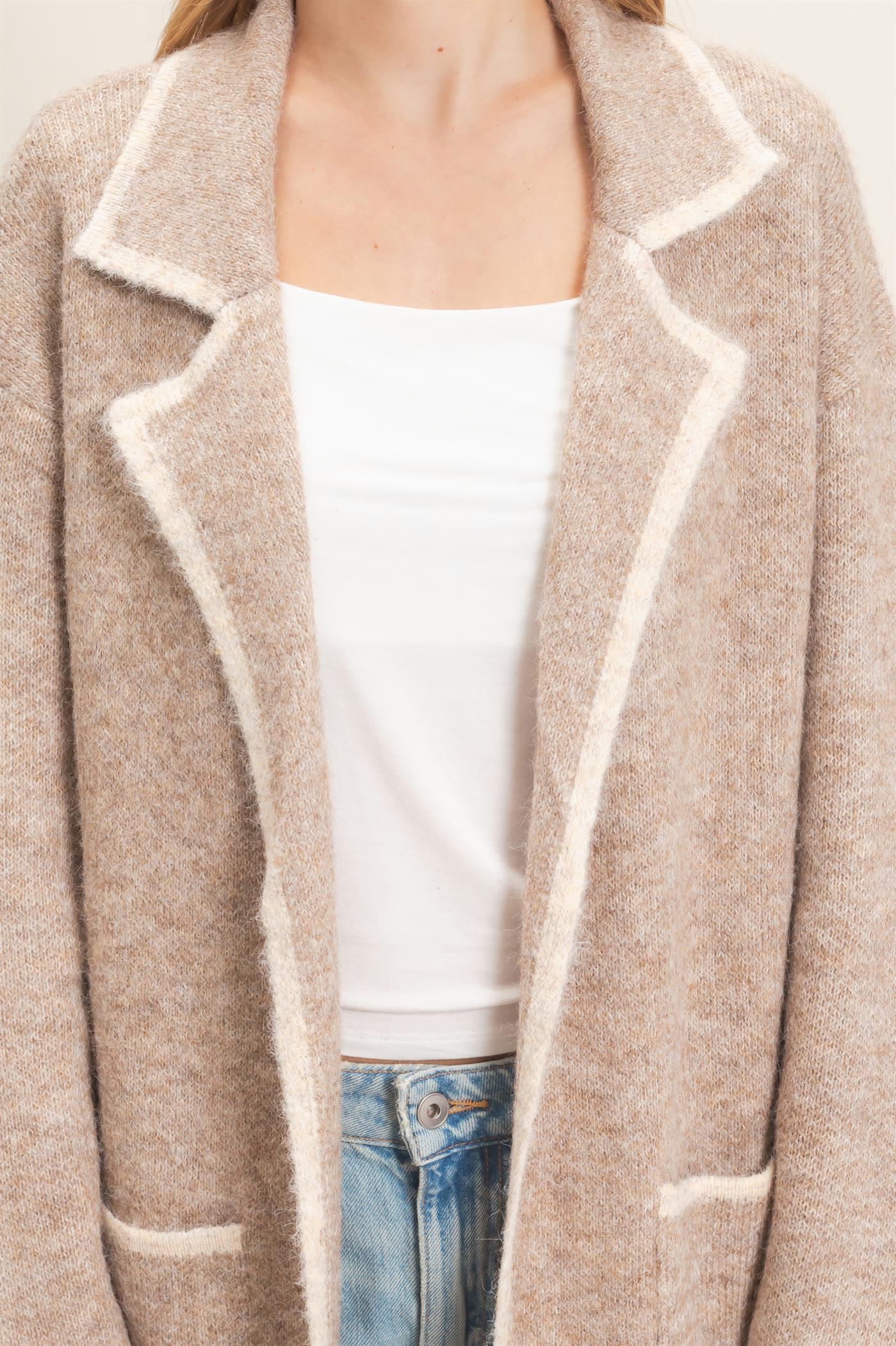 Wholesale Notched Collar Coatigan Sweater Cardigans HF26E695 BEIGE HYFVE
