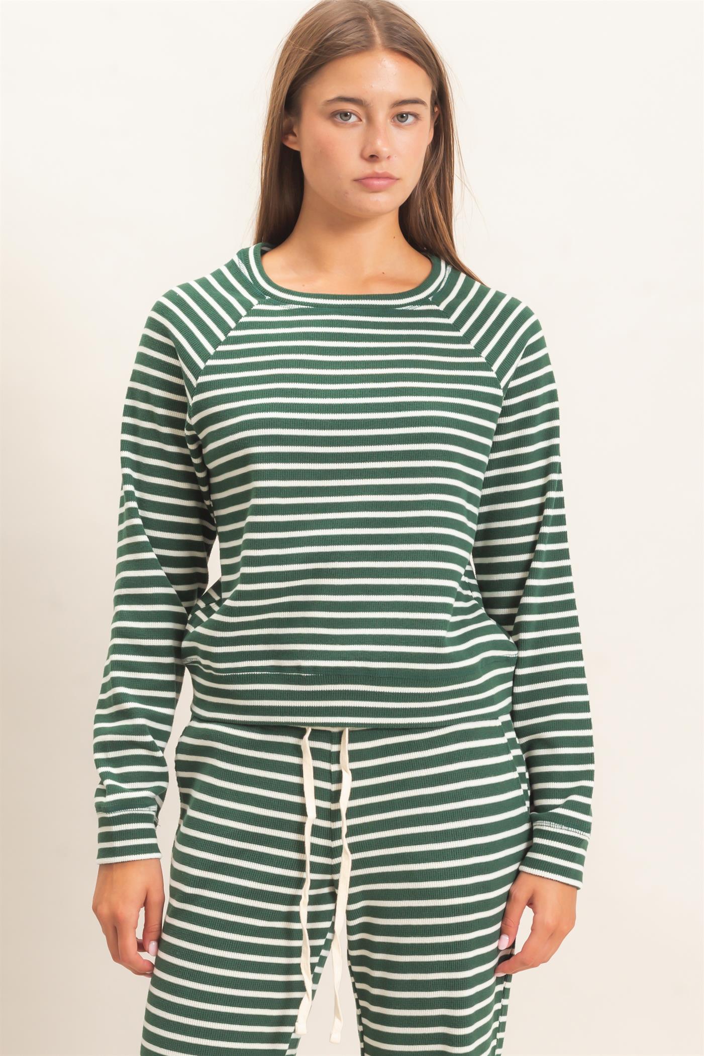 Wholesale Striped Waffle Knit Raglan Top Clothing Tops DZ26E450 DARK GREEN DOUBLE ZERO