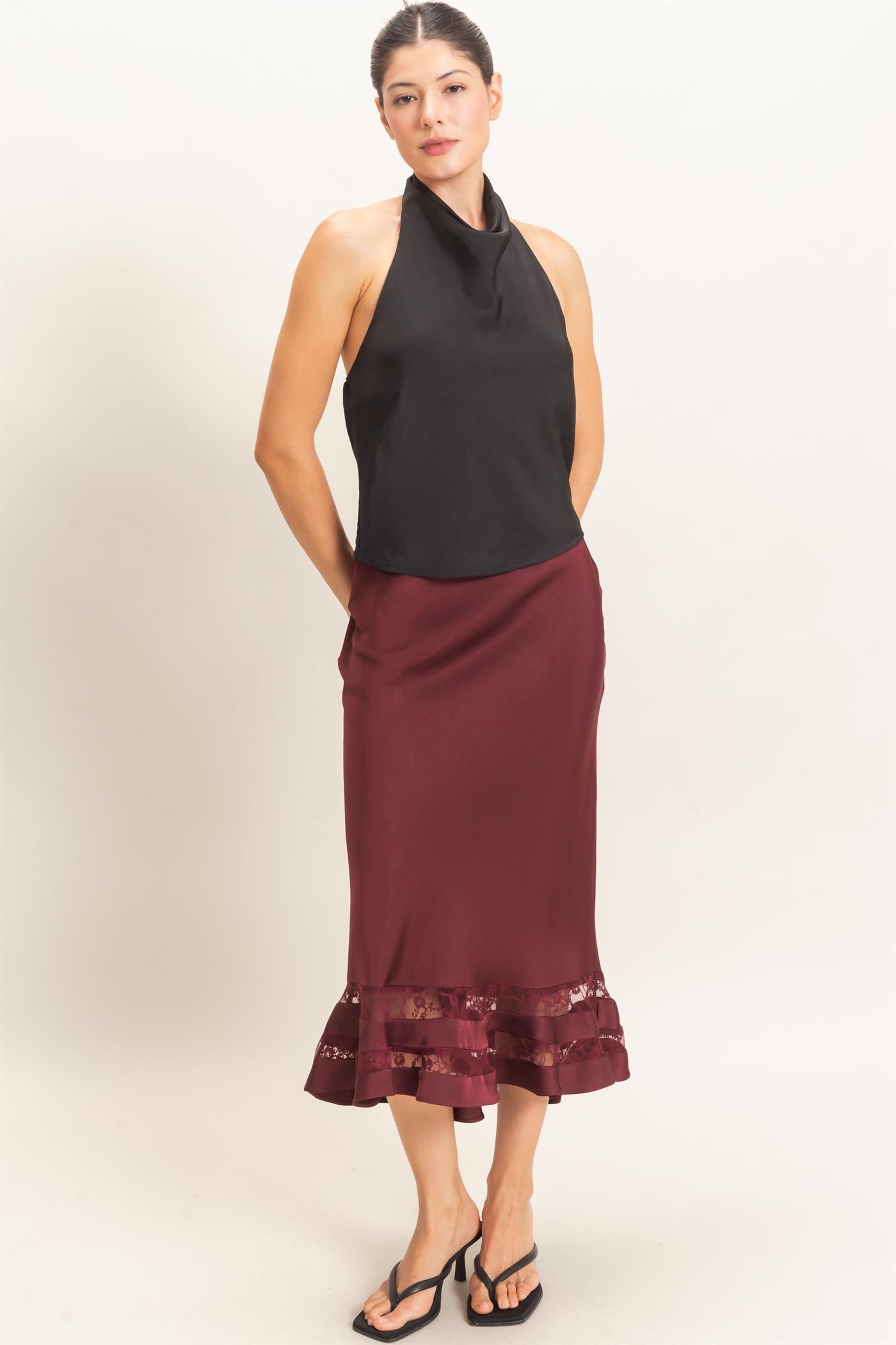 Wholesale Bias Cut Satin Skirt With Lace Hem Skirts HF26E306 BURGUNDY HYFVE
