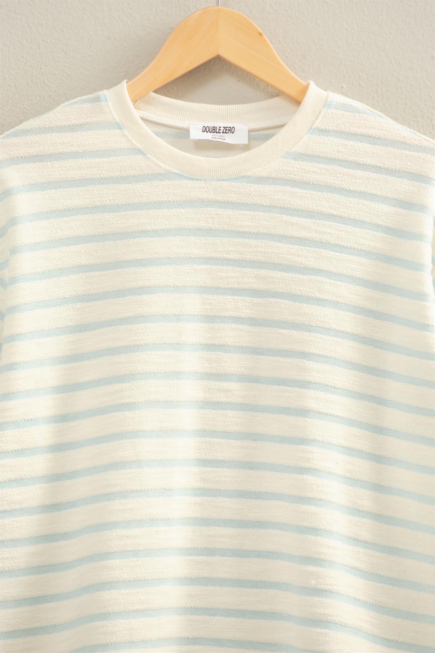 Wholesale Striped Short Sleeve Terry Crew Neck Top Clothing Tops DZ26A887 BABY BLUE DOUBLE ZERO