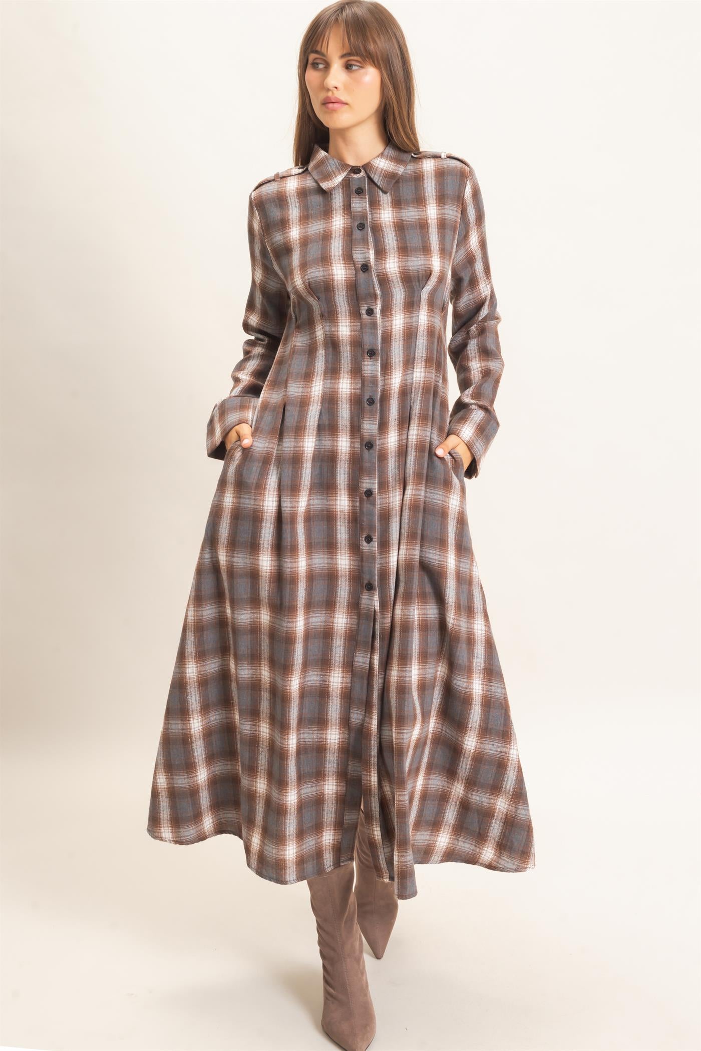 Wholesale Plaid Button-Down Maxi Dress Dresses HF26E999 BROWN HYFVE