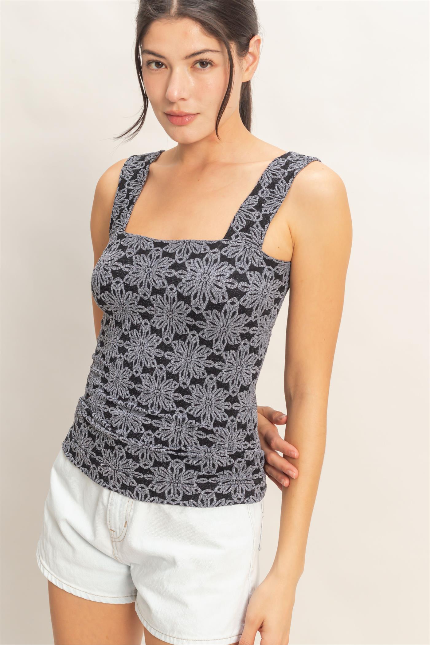Wholesale Floral Jacquard Square Neck Top Tank Tops HF26E337 BLACK HYFVE