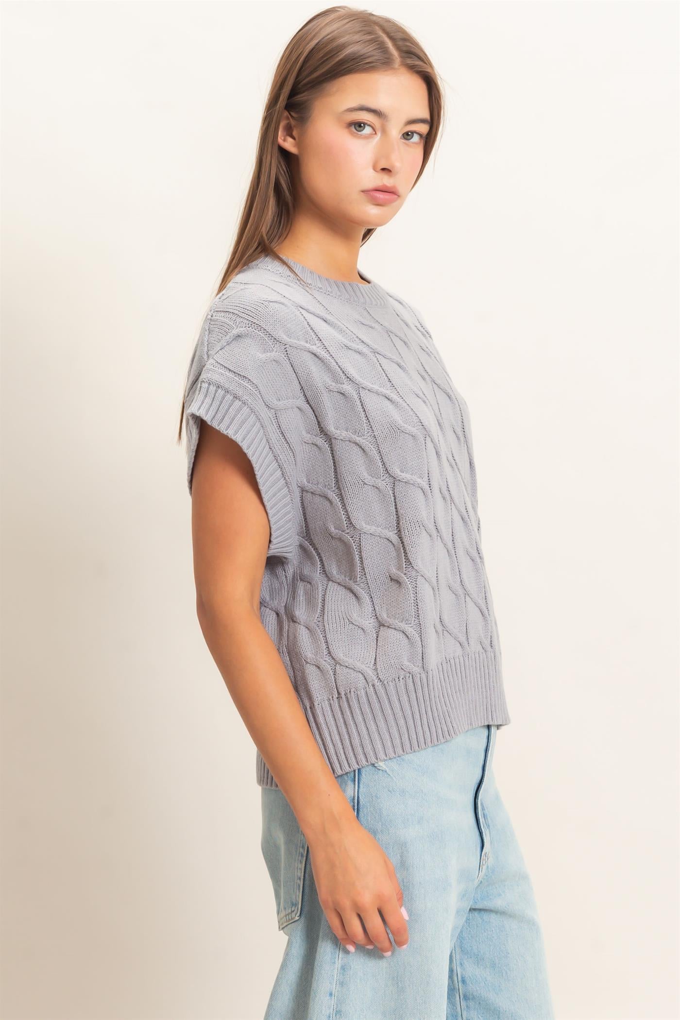 Wholesale Cable Knit Cap Sleeve Sweater Sweaters DZ26C974 GRAY DOUBLE ZERO