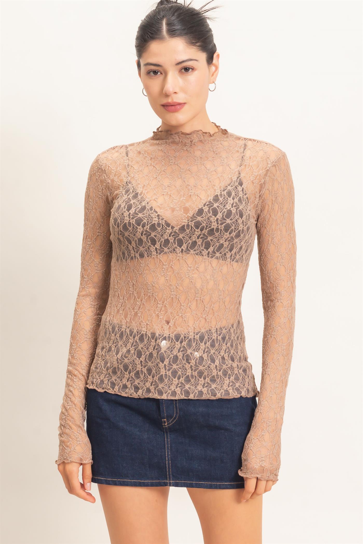 Wholesale Lace Mock Neck Long Sleeve Top Clothing Tops HF26E033-D LIGHT BROWN HYFVE