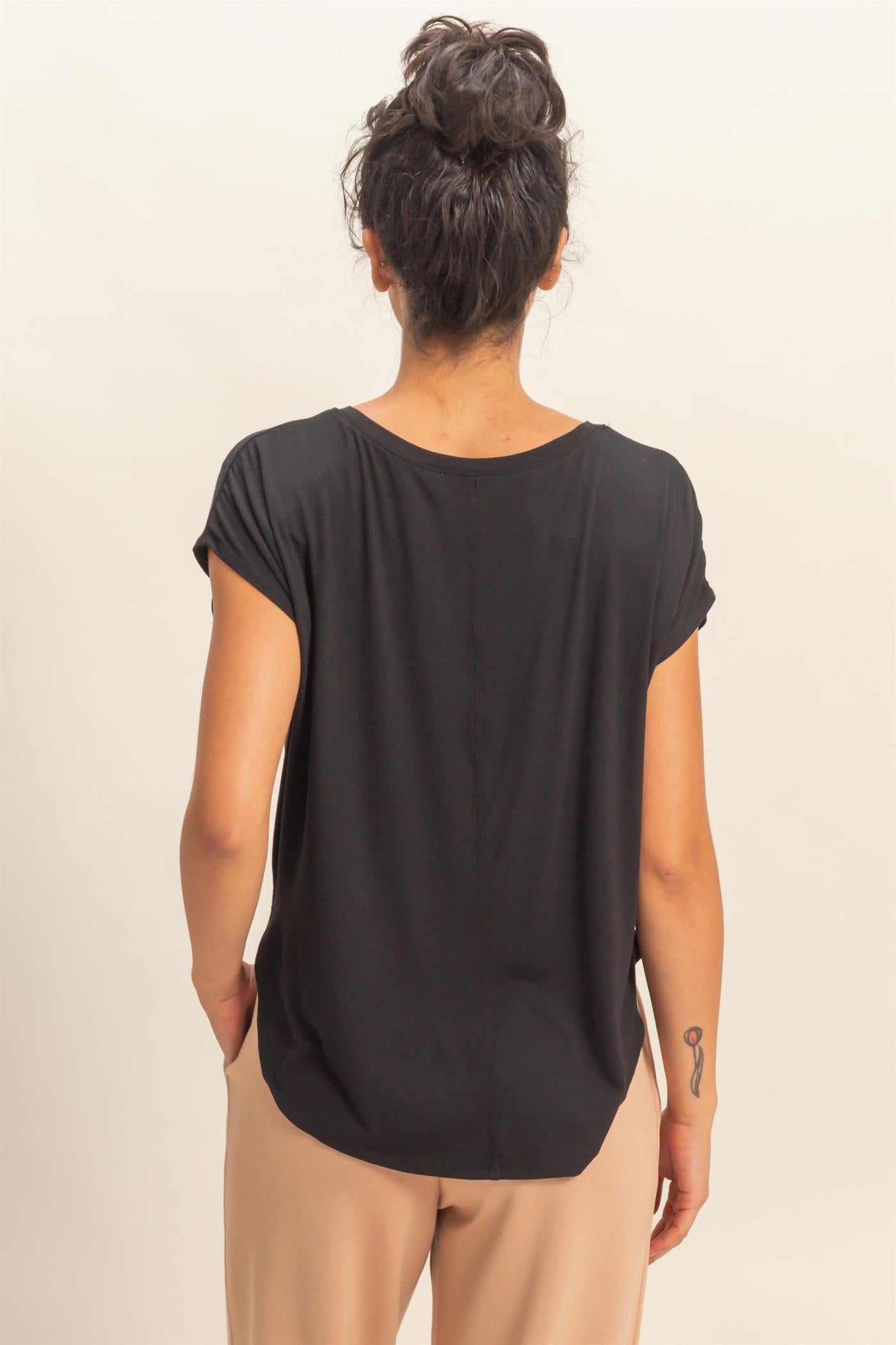Wholesale Relaxed Dolman Short Sleeve  Round Neck Top Shirts DZ26A270 BLACK DOUBLE ZERO