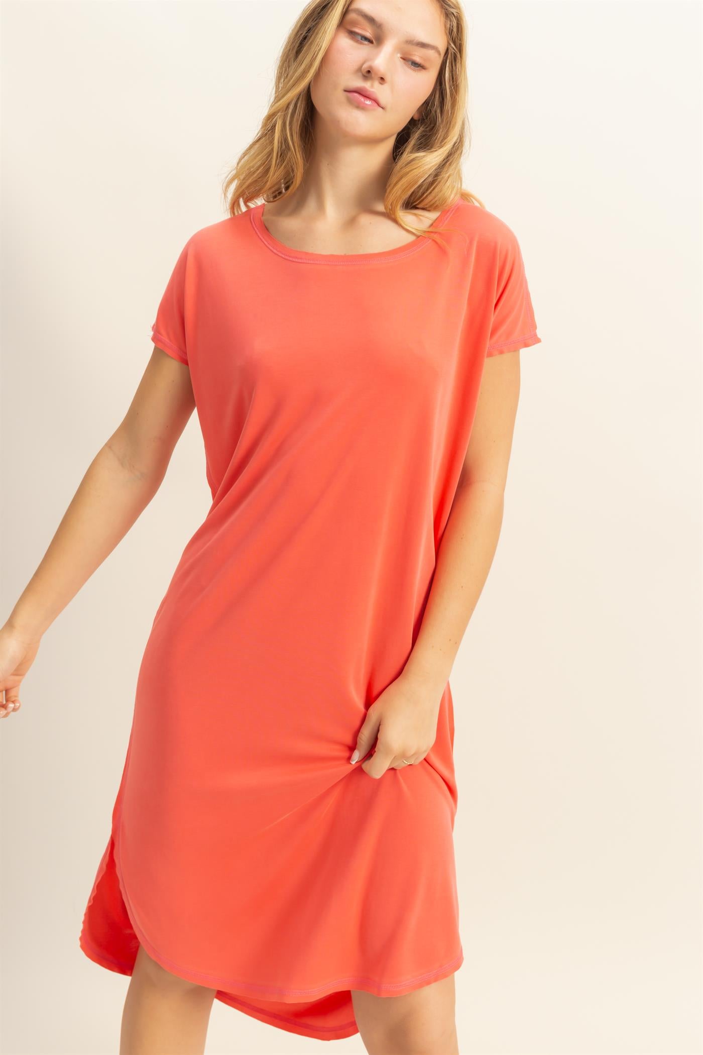 Wholesale Soft High Low Midi Dress  With Round Hem Dresses DZ25E307 CORAL DOUBLE ZERO