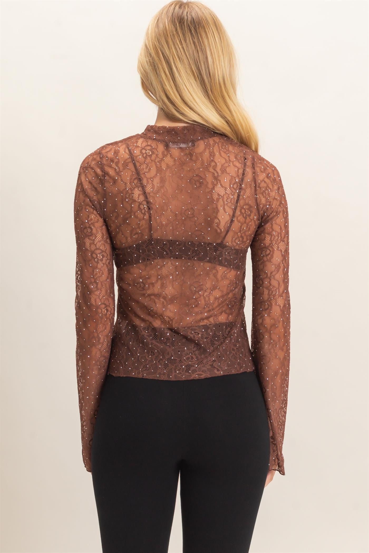 Wholesale Sheer Lace Gem-Embellished Top Clothing Tops HF26F055 BROWN HYFVE