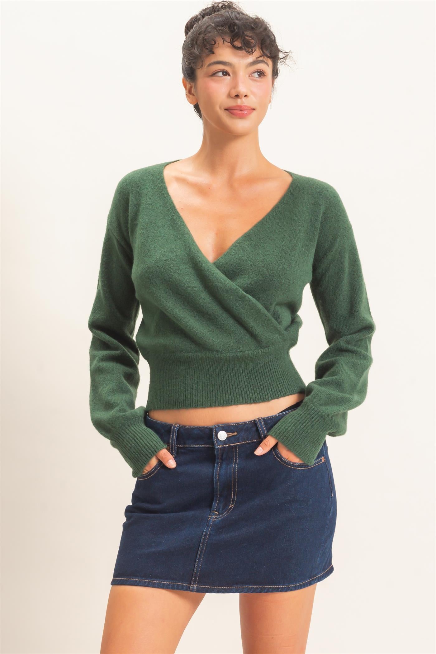 Wholesale Wrap V Neck Sweater Sweaters DZ26E948 DARK GREEN DOUBLE ZERO