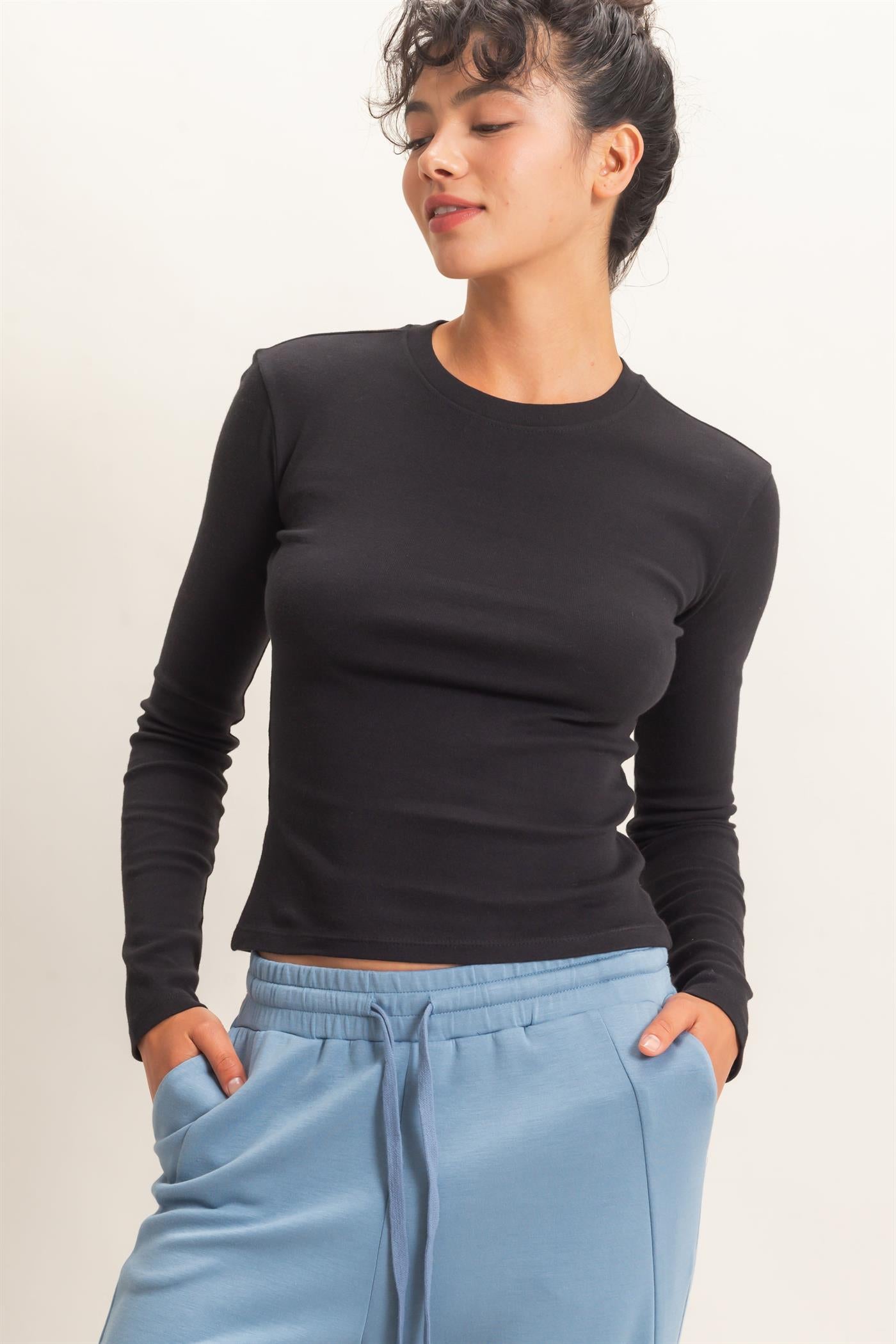 Wholesale Crew Neck Long Sleeve Top Clothing Tops DZ26E184 BLACK DOUBLE ZERO