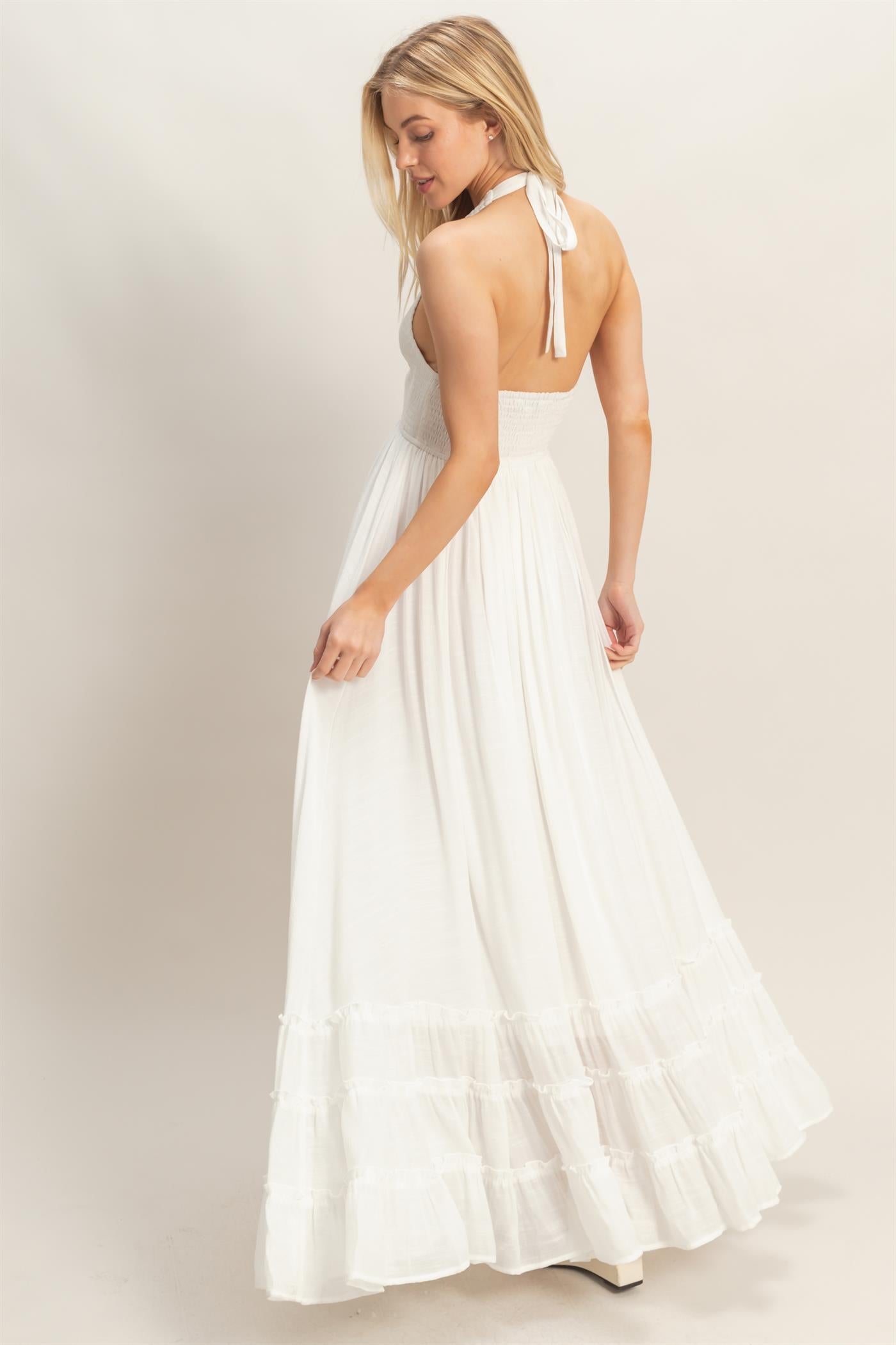 Wholesale Halter Neck Smocked Maxi Dress Dresses HF26C287-D WHITE HYFVE