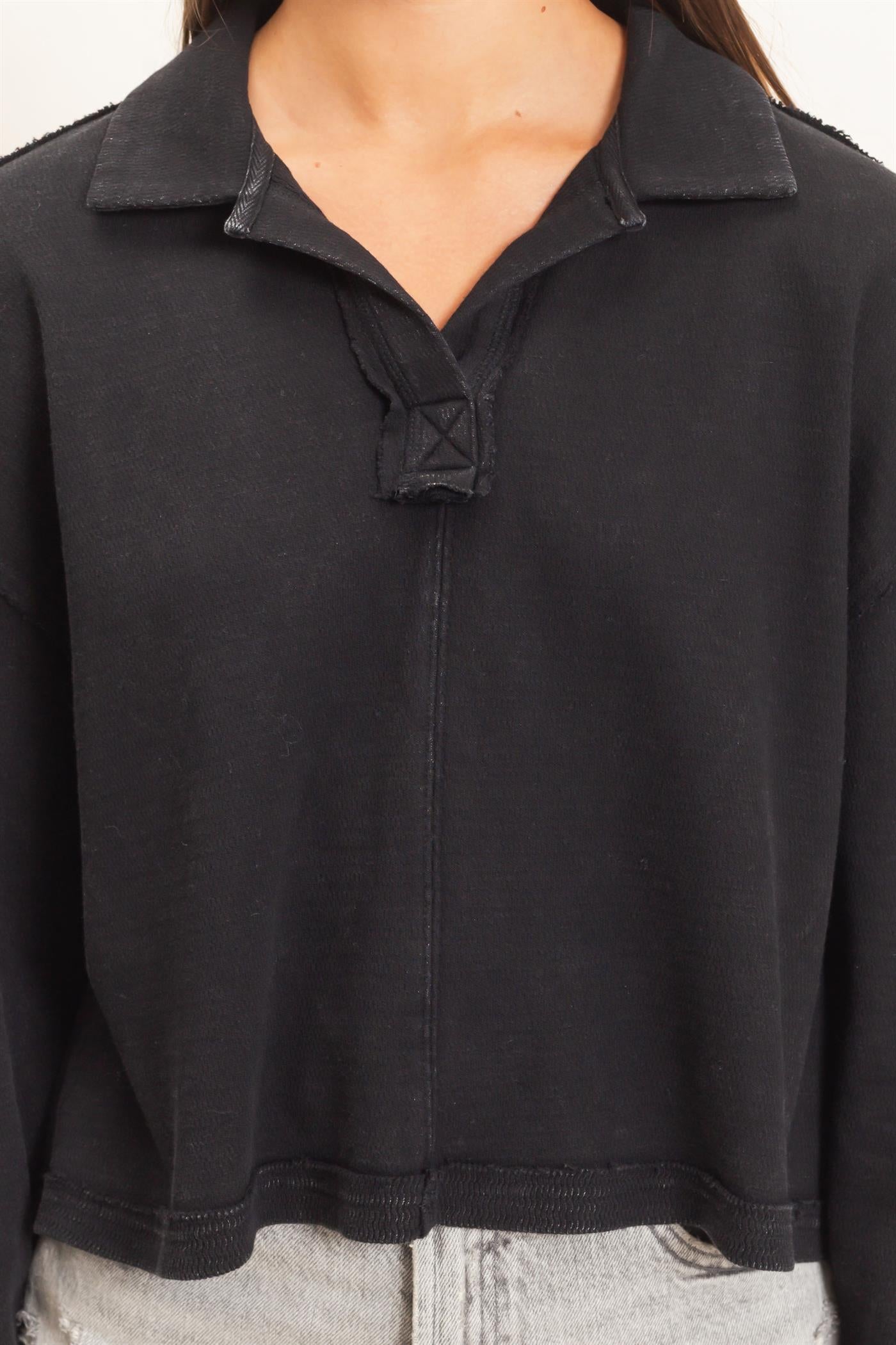 Wholesale Mineral Wash Textured Collar Top Polos DZ26E814 BLACK DOUBLE ZERO