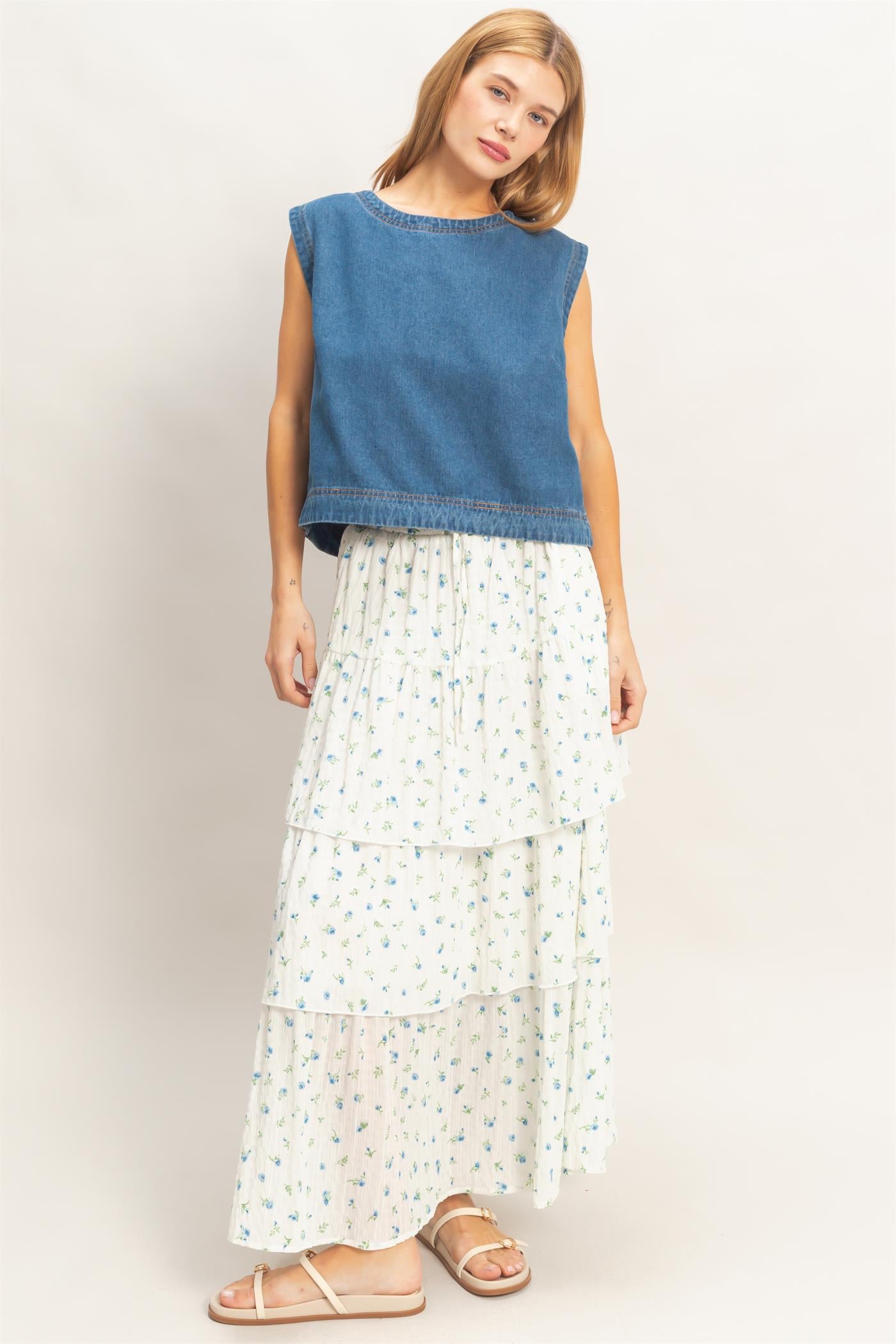 Wholesale Sleeveless Denim Top Clothing Tops HF26C107 MEDIUM BLUE HYFVE