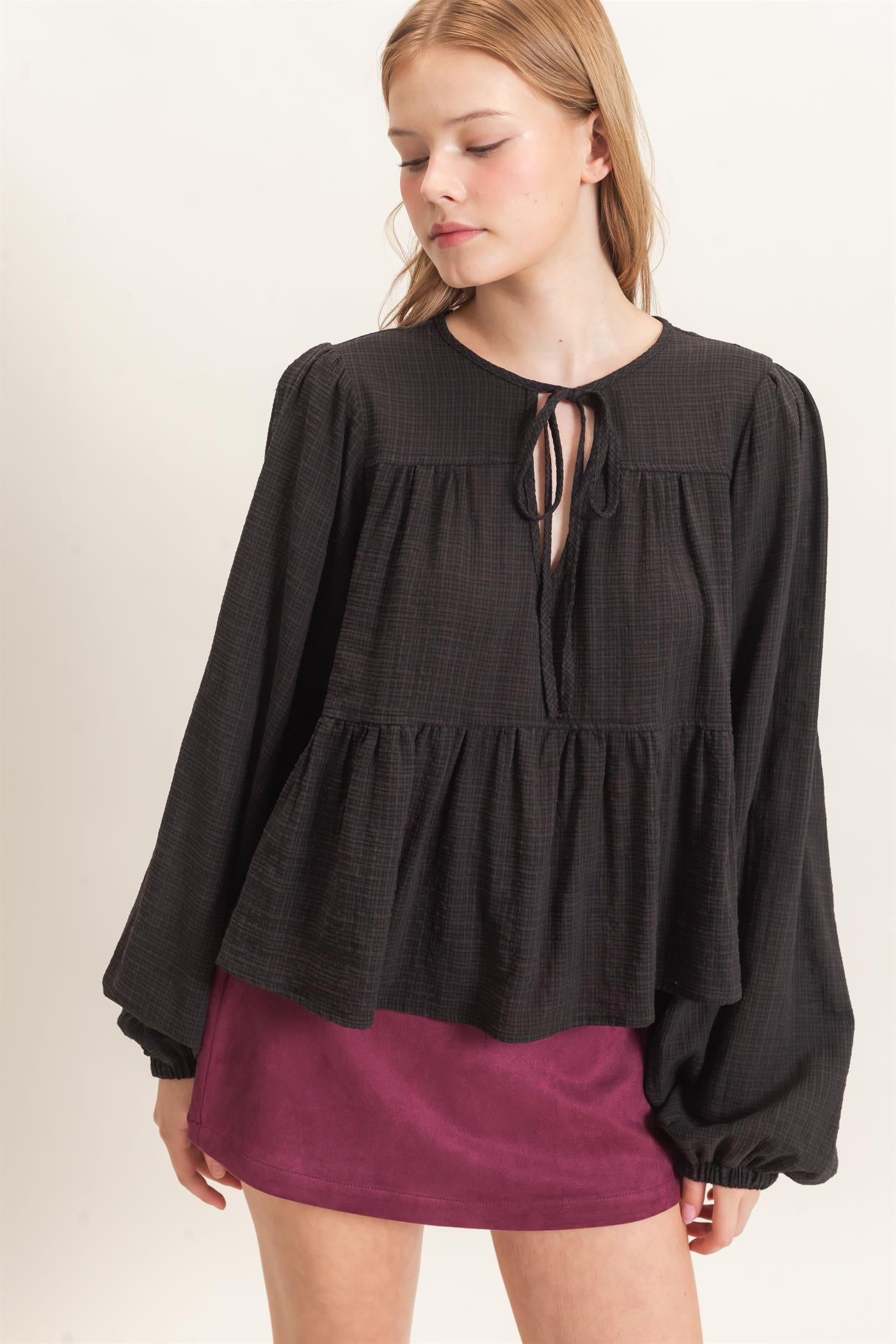 Wholesale Tie Front Peplum Blouse Blouses HF26F065 BLACK HYFVE
